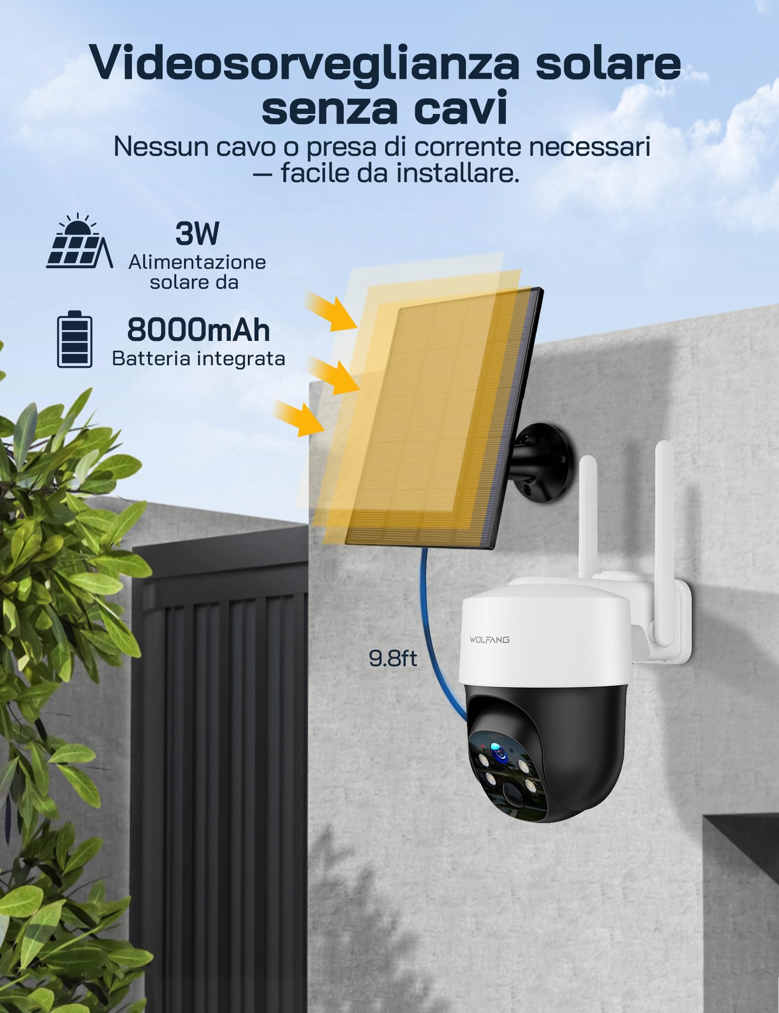WOLFANG Telecamera Esterno 4G con SIM, Telecamera Senza WiFi, Pannello Solare, 2.5K HD, Visione Notturna con Faro, Audio Bidirezionale, PIR, Registrazione Locale, Scheda microSD 32 GB
