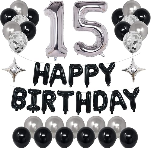 Decoraciones de fiesta de cumpleaños de color negro y plateado para niños y niñas, suministros de fiesta de cumpleaños número 15 con pancarta negra