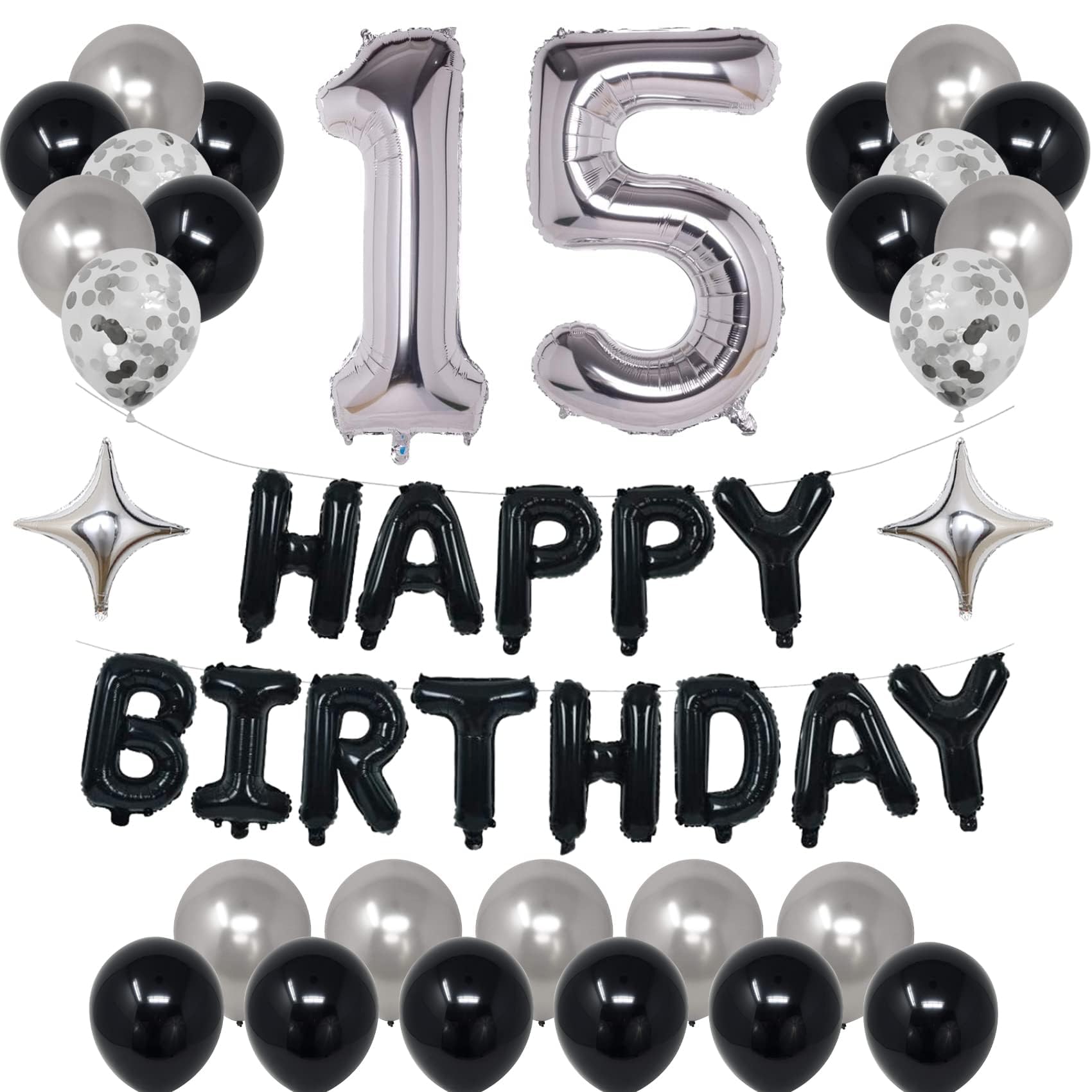 NANINUNENO 15th Black Silver Birthday Party Decorations for Boys Girls, Happy 15 Birthday Party Supplies with Black Happy Birthday Banner, Silver Foil