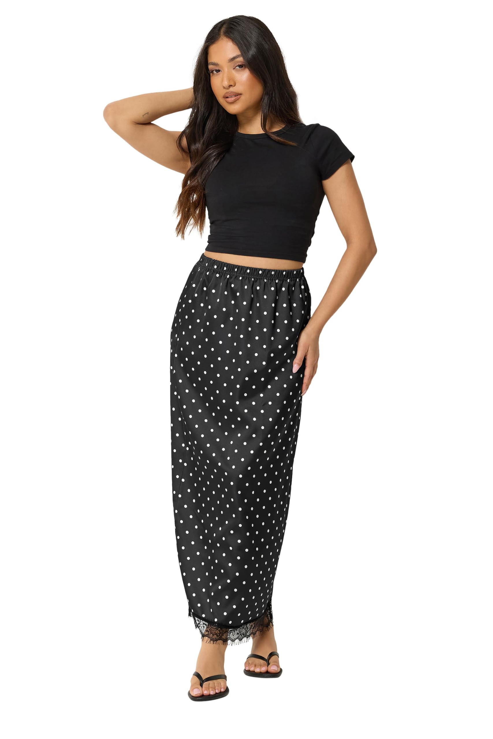Pixiegirl Women's Black Petite Polka Dot Satin Maxi Skirt In Size 12