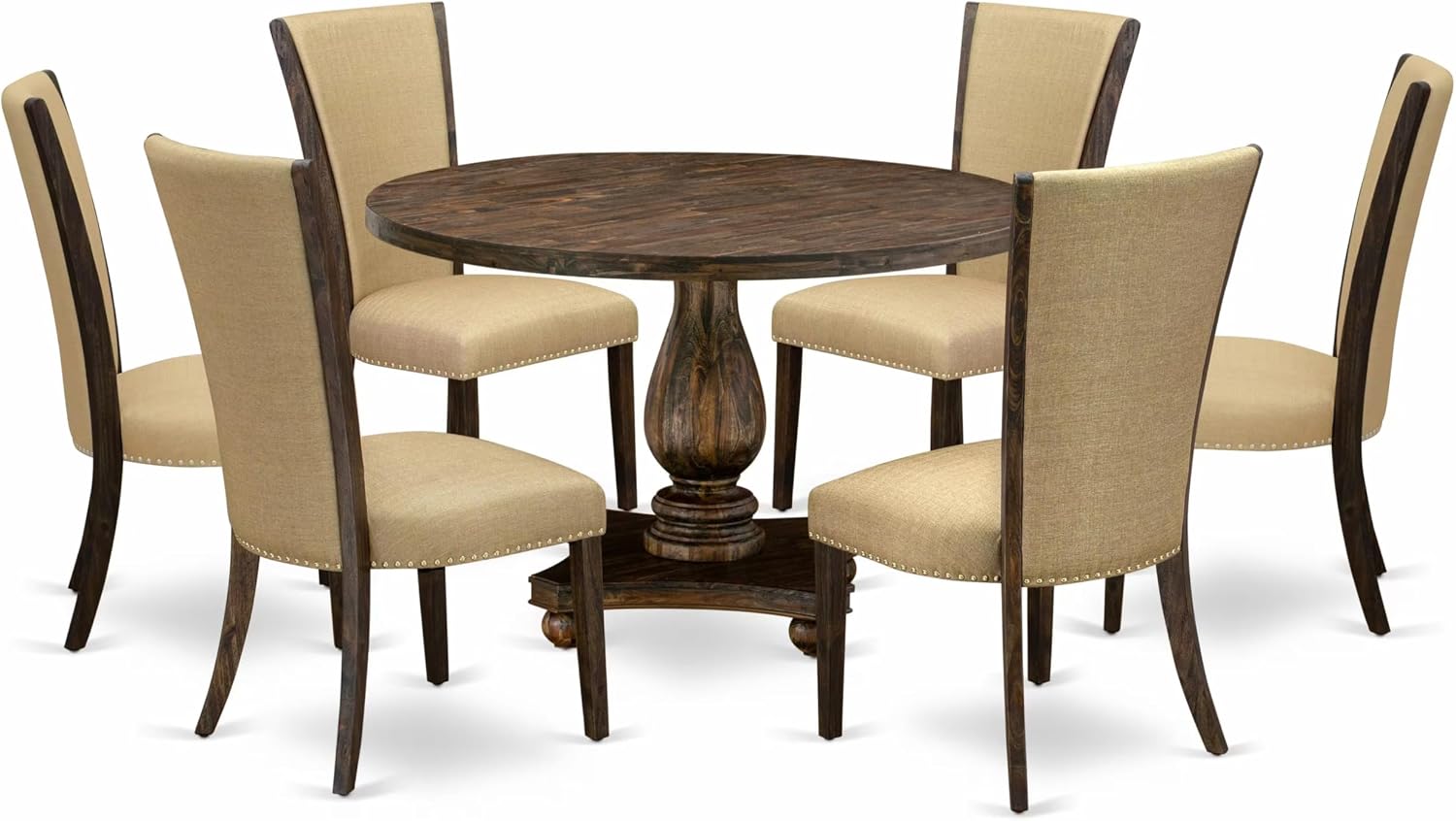 East West Furniture I2VE7-703 7 Piece Dining Room Furniture Set Consist of a Round Dining Table with Pedestal and 6 Brown Linen Fabric Parsons Chairs, 48x48 Inch, Distressed Jacobean