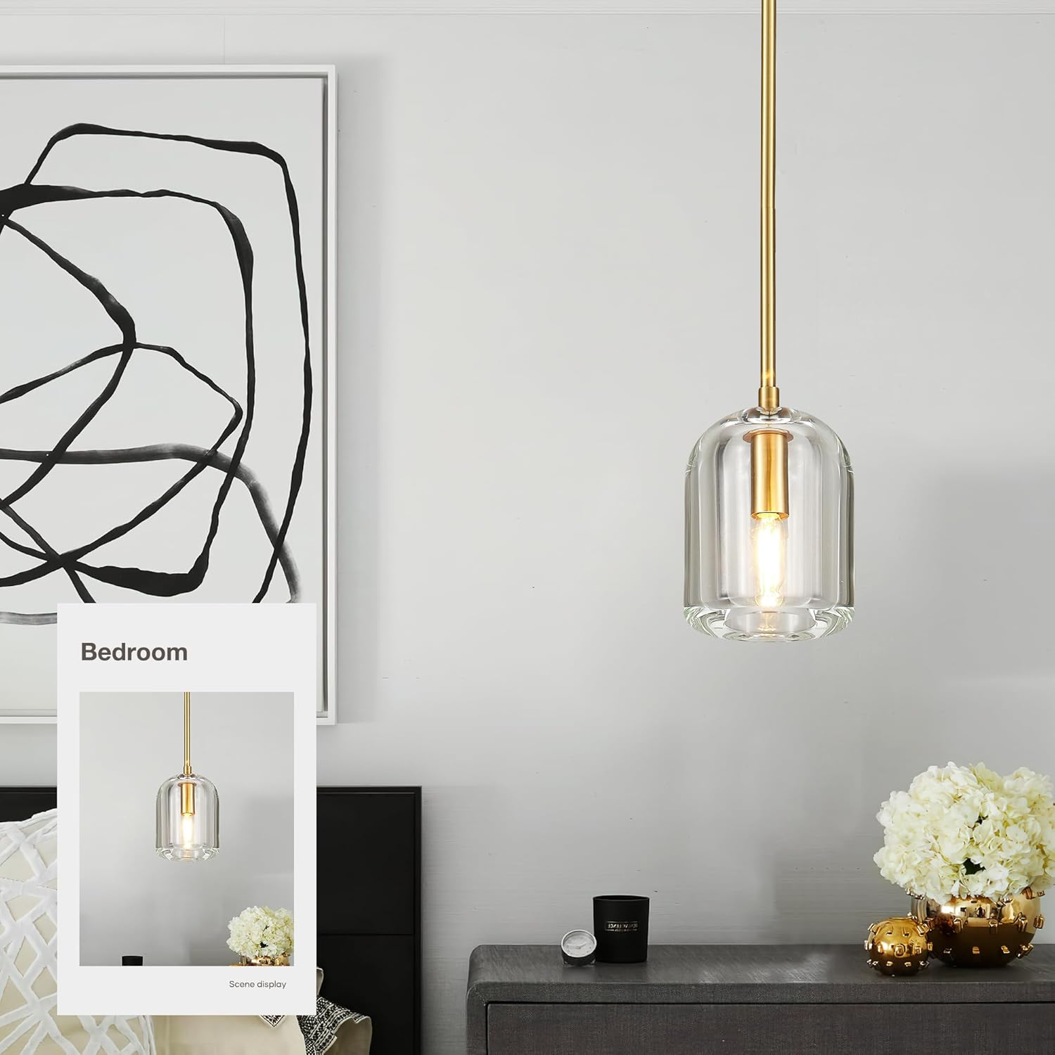 Brass Pendant Light Fixtures,5.1" Modern K9 Crystal Gold Pendant Lights for Kitchen Island Dining Room Living Room Bedroom Bathroom,E12 Bulb Included