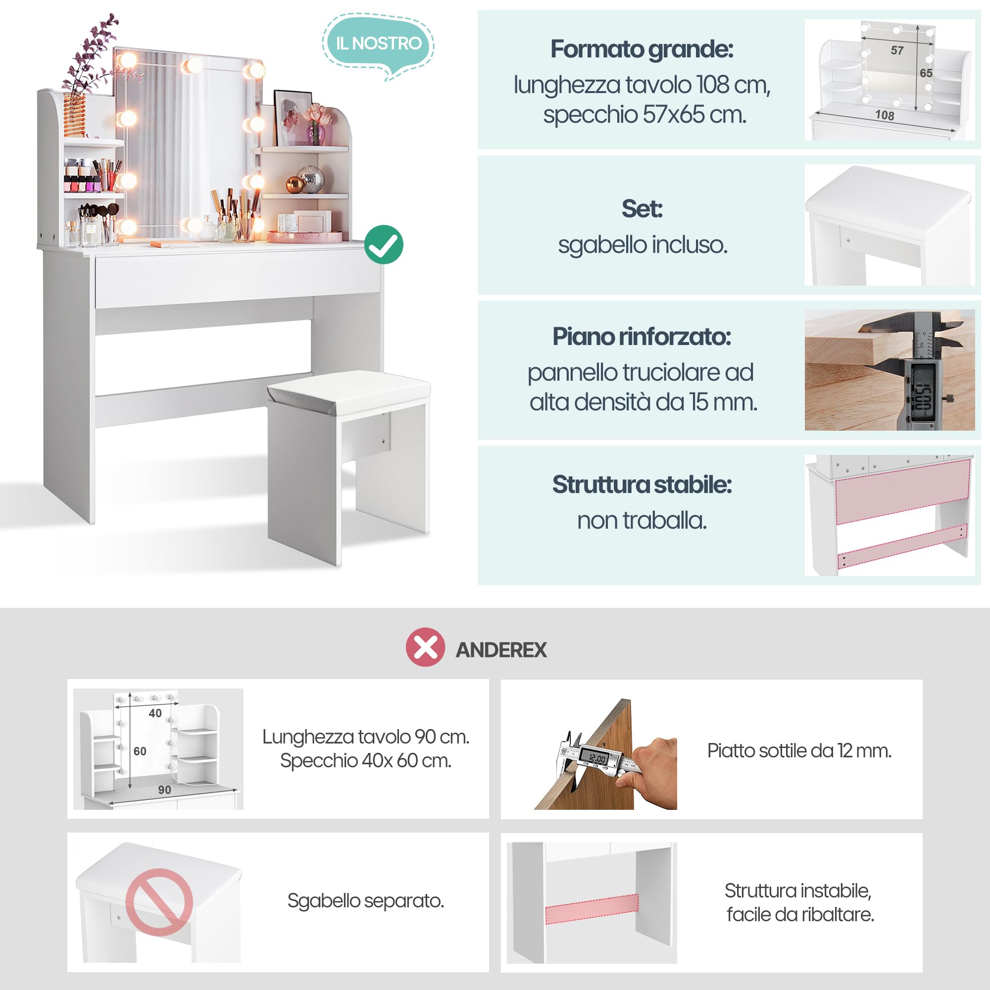 SONNI Toeletta Trucco con Luci, Tavolo da Trucco con Specchio e Sgabello,con Lampadine Luce a 3 Toni Luminosità Regolabile LED 108x40x140cm Bianco