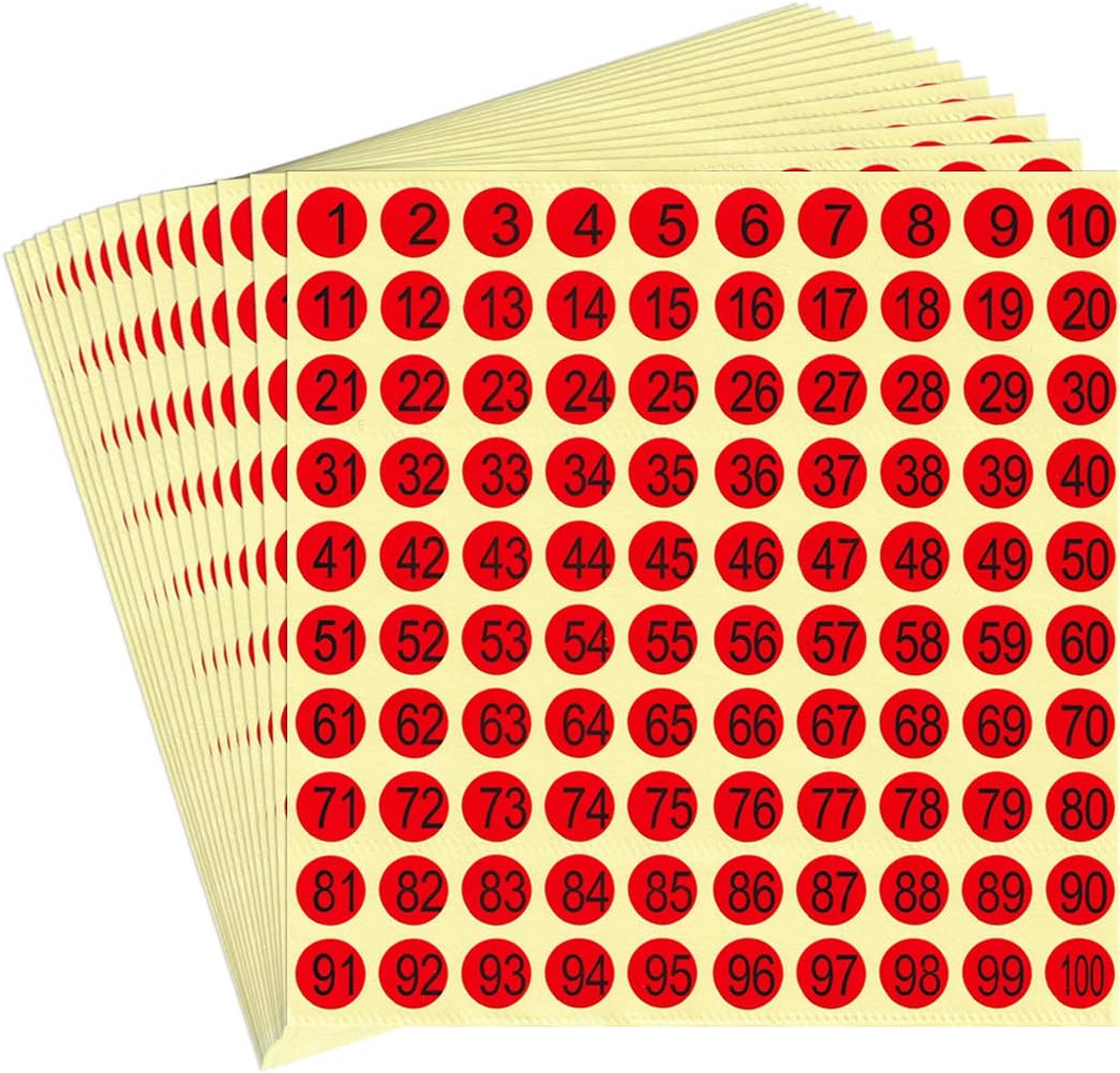 Black Numbers on Red Stickers - 1 to 100 Round Self Adhesive Stickers | Inventory/Storage Organizing Stickers - Set of 15 Sheets