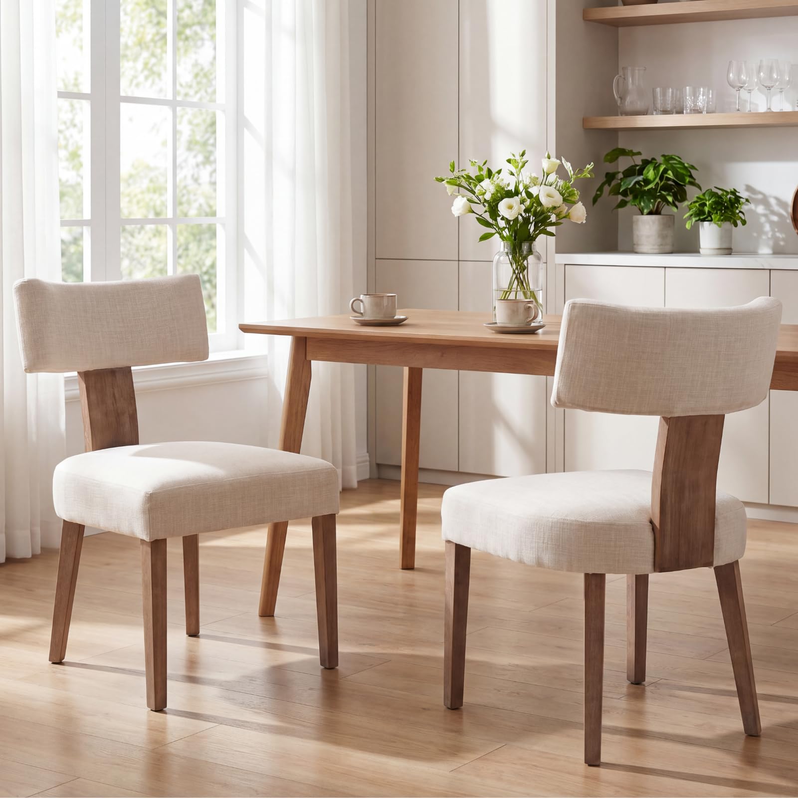 Ya-Home Juego de 2 Silla de Comedor Silla Cocina Marco de Madera,Beige | Asiento Tapizado de Lino, Patas de Madera Antideslizante, Respaldo Curvo, 15cm Cojin Grueso, para Hogar/Restaurante