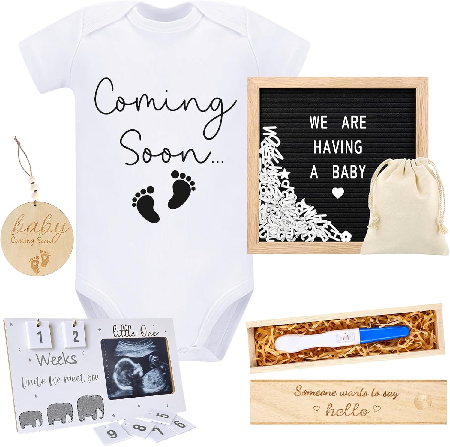 Pregnancy Reveal Kit Ideas Include Felt Letter Board Sonogram Picture Frame Baby Bodysuit Pregnancy Test Keepsake Wooden Box and Wood Sign Coming Soon Announcement Baby Announcement Props