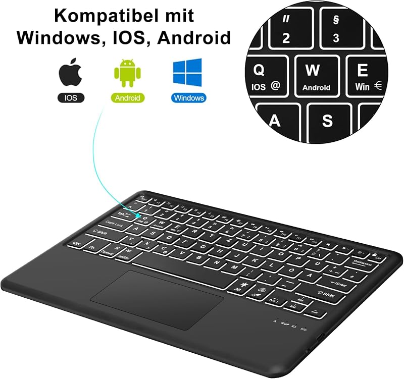 SENGBIRCH Bluetooth Billentyűzet Érintőpaddal - QWERTZ Német Kiosztás, 7 Színű Háttérvilágítás, Vezeték Nélküli, Windows/Android/iOS Kompati