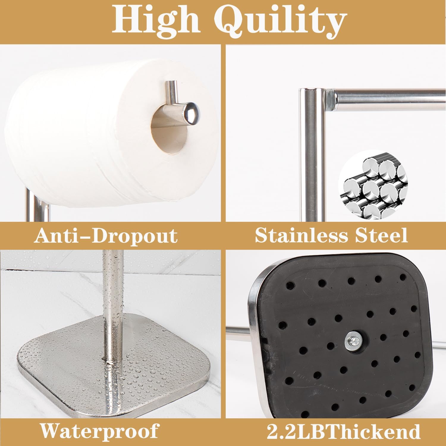 Toilet Paper Holder Stand, Free Standing Tissue Paper Storage for Bathroom, Stainless Steel Toilet Paper Stand with Reserve for 5Roll Weighted Base Bathroom Toilet Roll Holder(Brushed Nickel) image 3