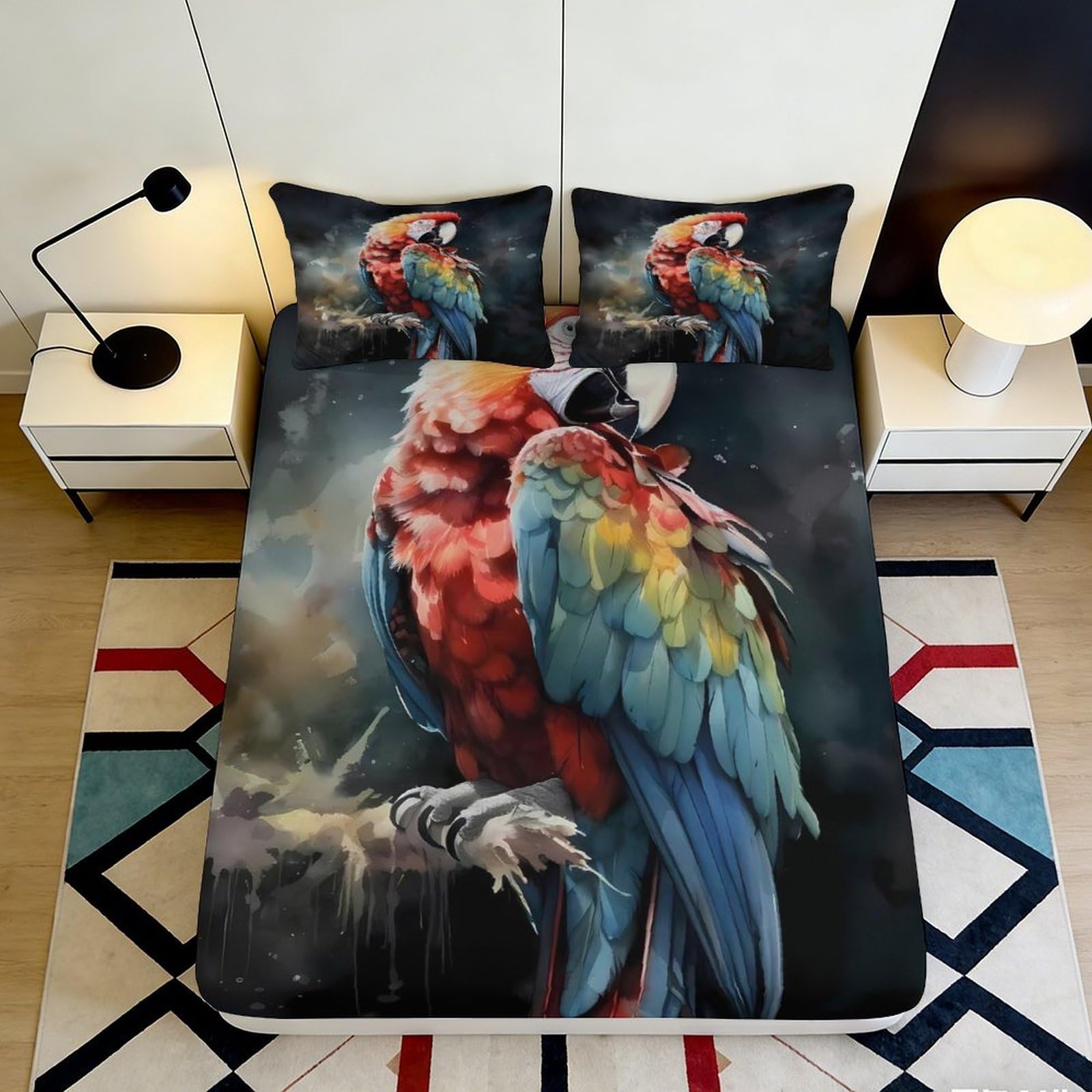3D Printed Colorful Parrot Fitted Sheet Microfiber Soft Breathable Tropical Bird Mattress Cover for Bedroom Dormitory Guest Room Protection Decor 180x200x25cm