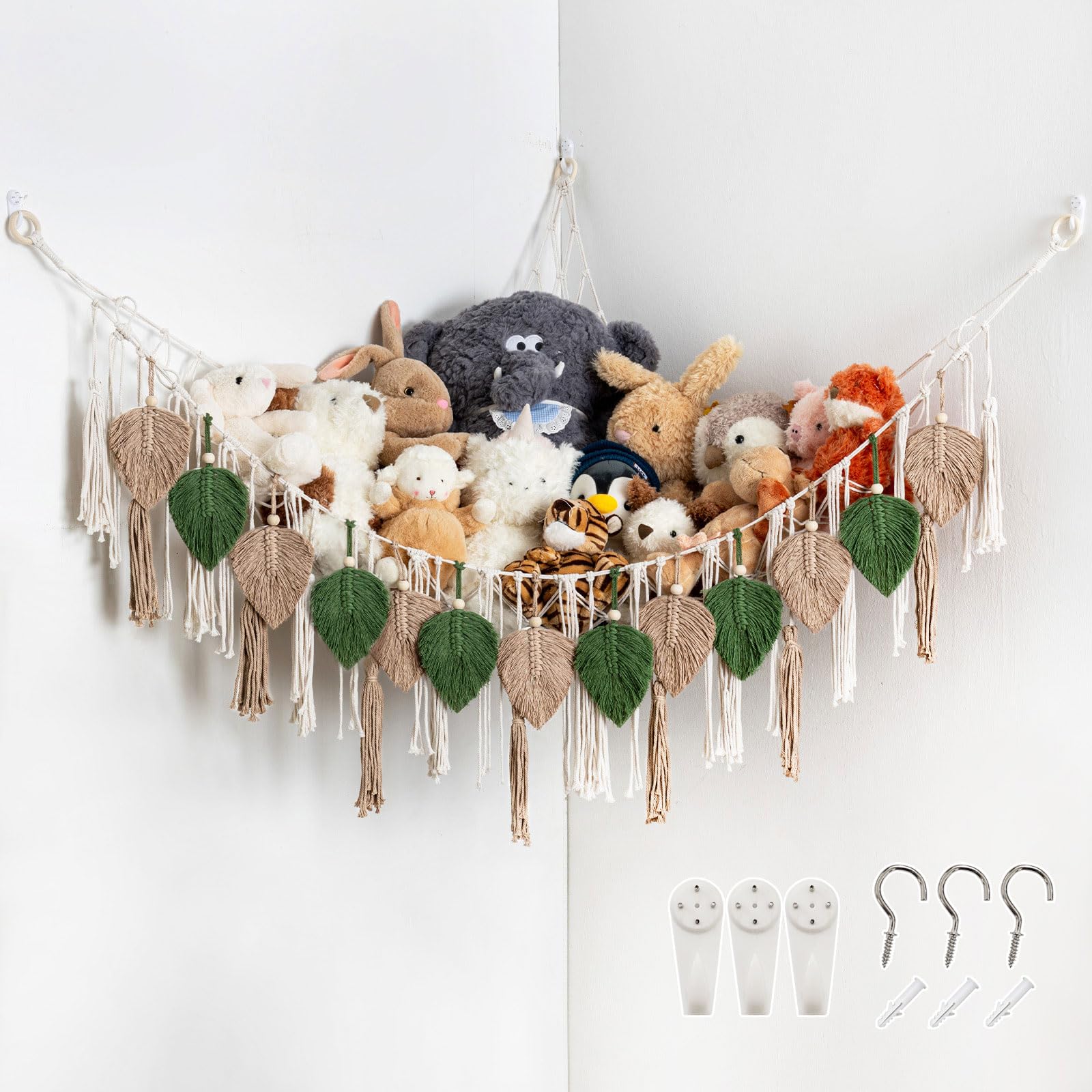 Pretty Jolly Stuffed Animal Storage with Hand Woven Leaf Tassels Hammock Corner Hanging Net Boho Macrame Plush Storage for Toys Kid Room Wall Nursery Decor for Girls Gift (Green & Yellow)