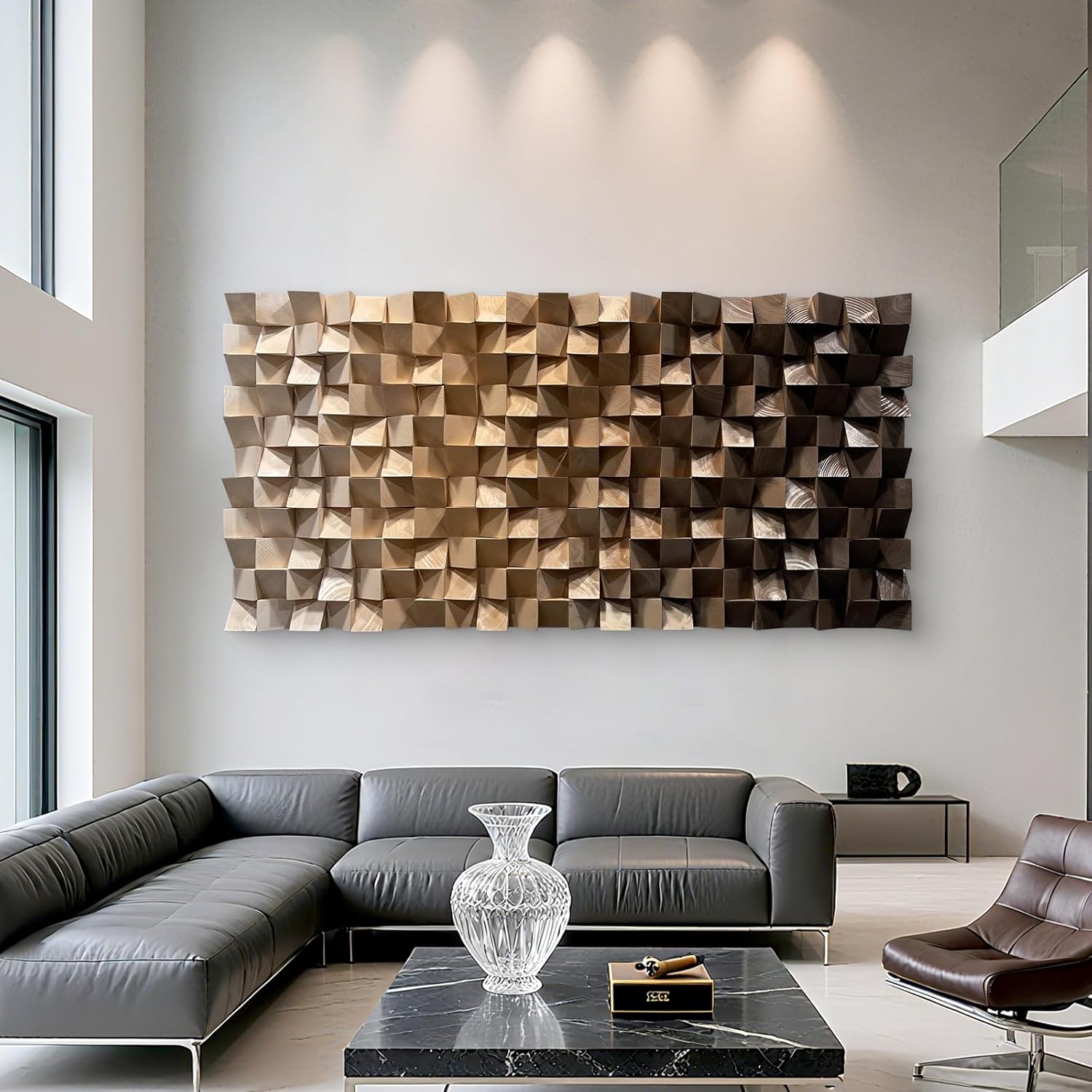 BrightA Large-scale three-dimensional geometric wooden art piece with gradient colors for wall decoration. A cozy decorative item for living room and bedroom. Abstract triangular wooden block scene 15.7"x31.5"