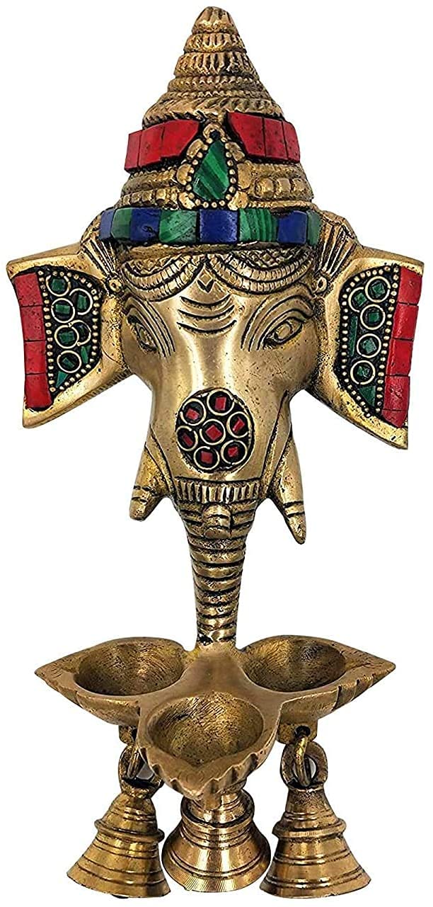 Lampada Ad Olio Da Parete Ganesh In Ottone Con Campane, Multicolore, Decorazione Puja Per Tempio Mandir, 24x11x8 Cm