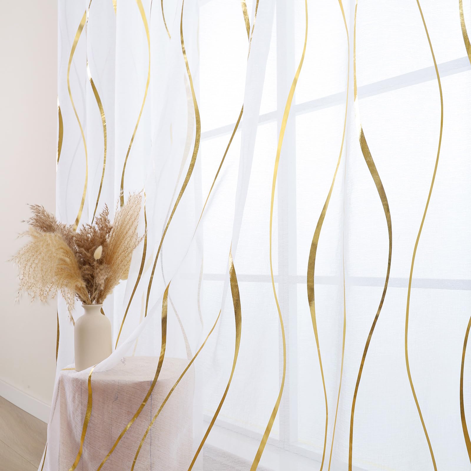 L.Z.E Vorhänge Gold Weiß für Wohnzimmer Gardinen mit Kräuselband für Schienensystem Transparent Schiene Vorhang Gardine für Schlafzimmer 2er Set Gardinenschals Modern 245 cm Lang (LZE2250T-G245)
