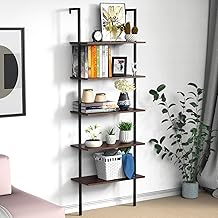 Ladder Shelf Industrial Bookshelf, UVII 5-Tier Ladder Bookshelf with Metal and Wood, Wall Mounted Modern Bookcase Display Shelf Organizer for Home Office, Bedroom and Living Room, Dark Walnut