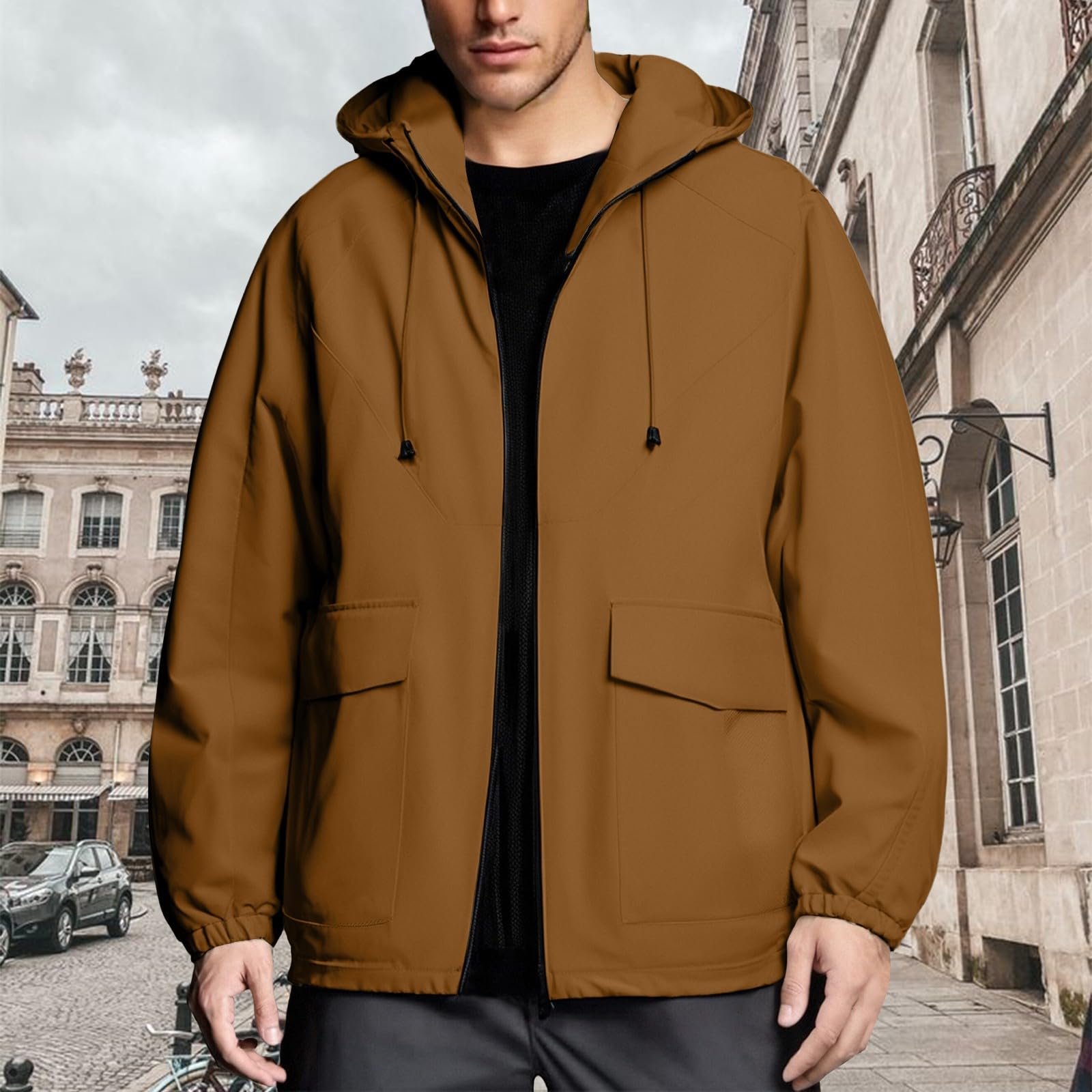Chubasquero para hombre con capucha, ligero, transpirable, chaqueta de senderismo, chaqueta de senderismo monocolor, chaqueta softshell, chaqueta de trekking, chaqueta de montaña para camping