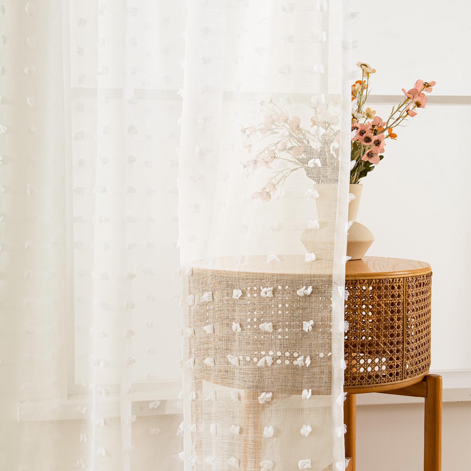 Farmhouse Boho Sheer Curtains for Living Room 96 Inches Long,Natural Cream Curtain for Bedroom Drapes 96 Inch Length 2 Panels Set,Cute Butterfly Light Filtering Rod Pocket Off White Ivory W52xL96