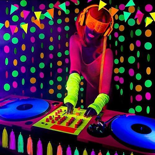 Miniatura 5 de Suministros de fiesta de neón brillante que incluyen guirnalda de papel de neón 20 piezas de borlas de papel neón y banderas triangulares de neón