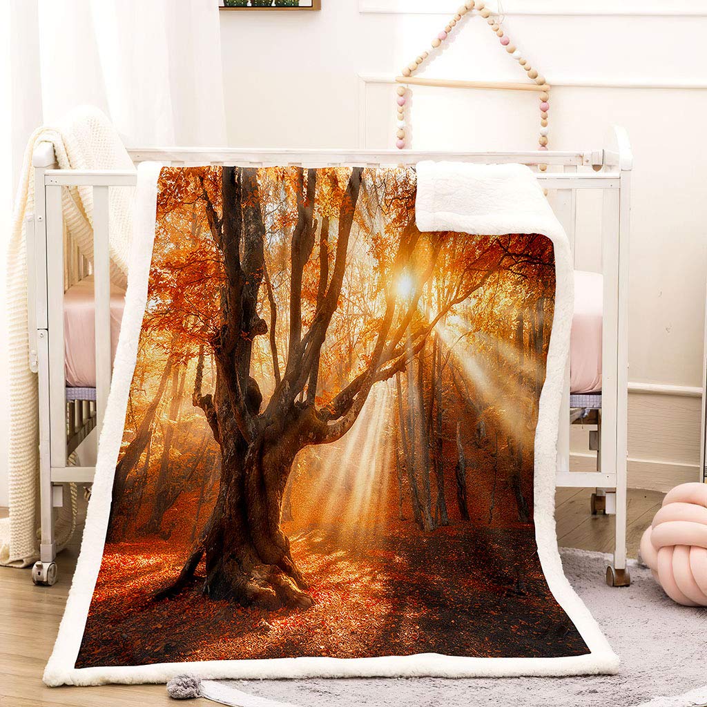 Mantas para Cama De Franela Invierno para Infantil Y Adulto 150X200Cm Manta Polar De Felpa De Microfibra Suave para Sofá, 3D Hojas Rojas como El Sol Patrón, Cálida Y Transpirable