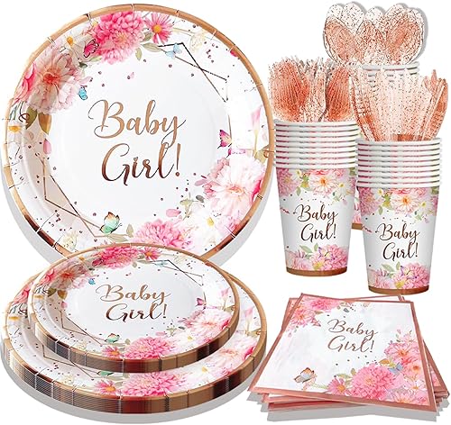Decoraciones de baby shower para niñas, platos de baby shower, tazas y servilletas para 24 invitados, 168 piezas de platos de papel de fiesta floral