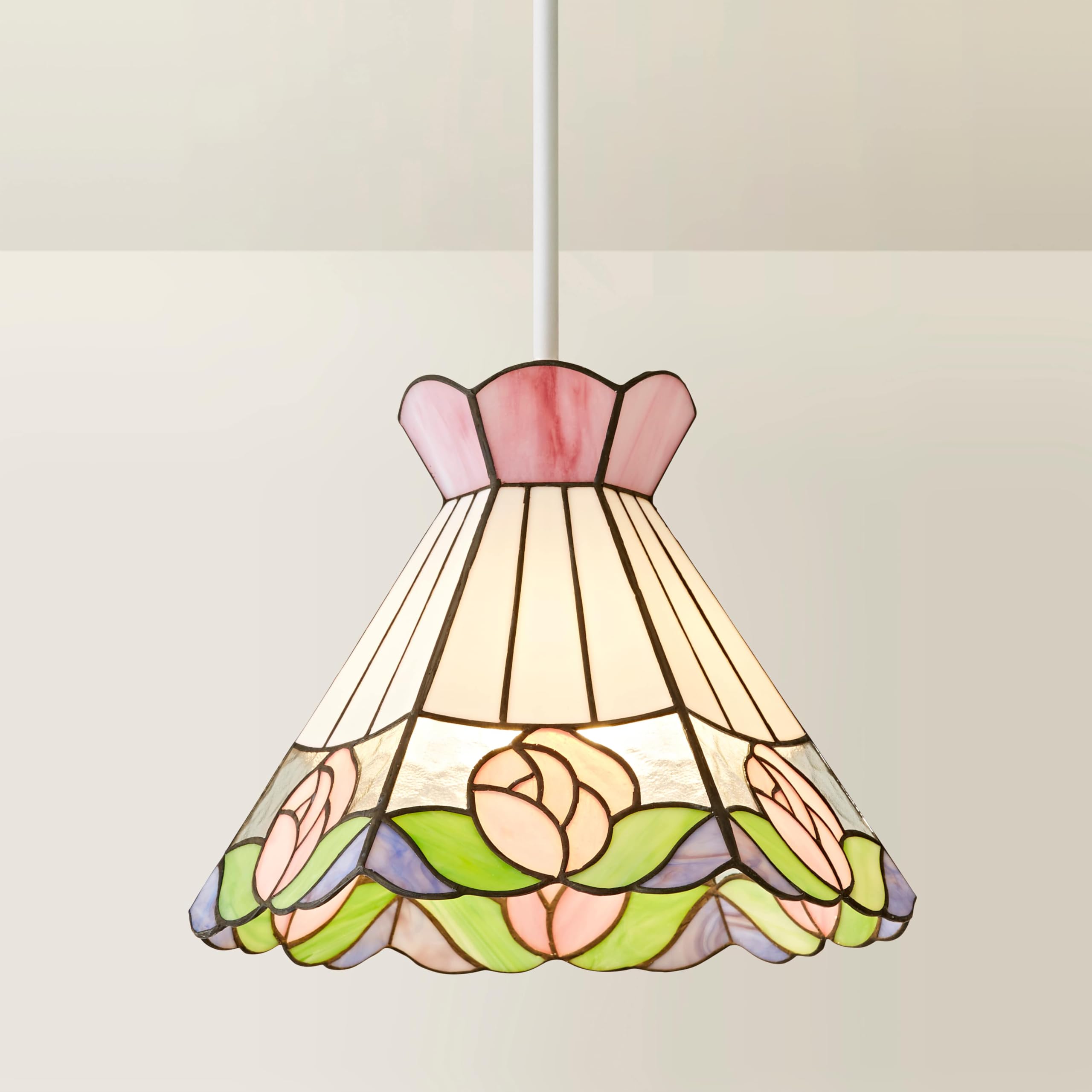 ValueLights Evelyn Tiffany Rose Glass Ceiling Pendant Lamp Shade - Art Nouveau Style - Cream, Green, Pink, Purple Glass - Easy Fit