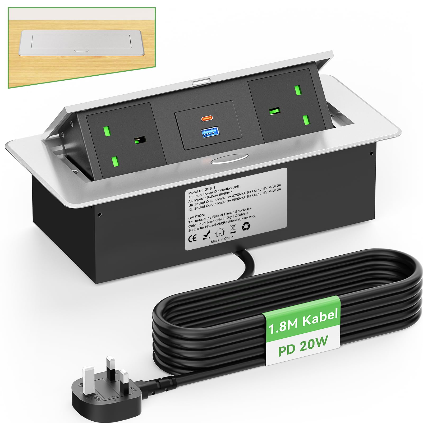 Metal Recessed Power Strip with USB C PD20W, Desk Recessed Power Socket 2 outlet, Recessed Pop Up Power Socket for Desktop Worktop Conference, 1.8M Cable, 3250W/13A