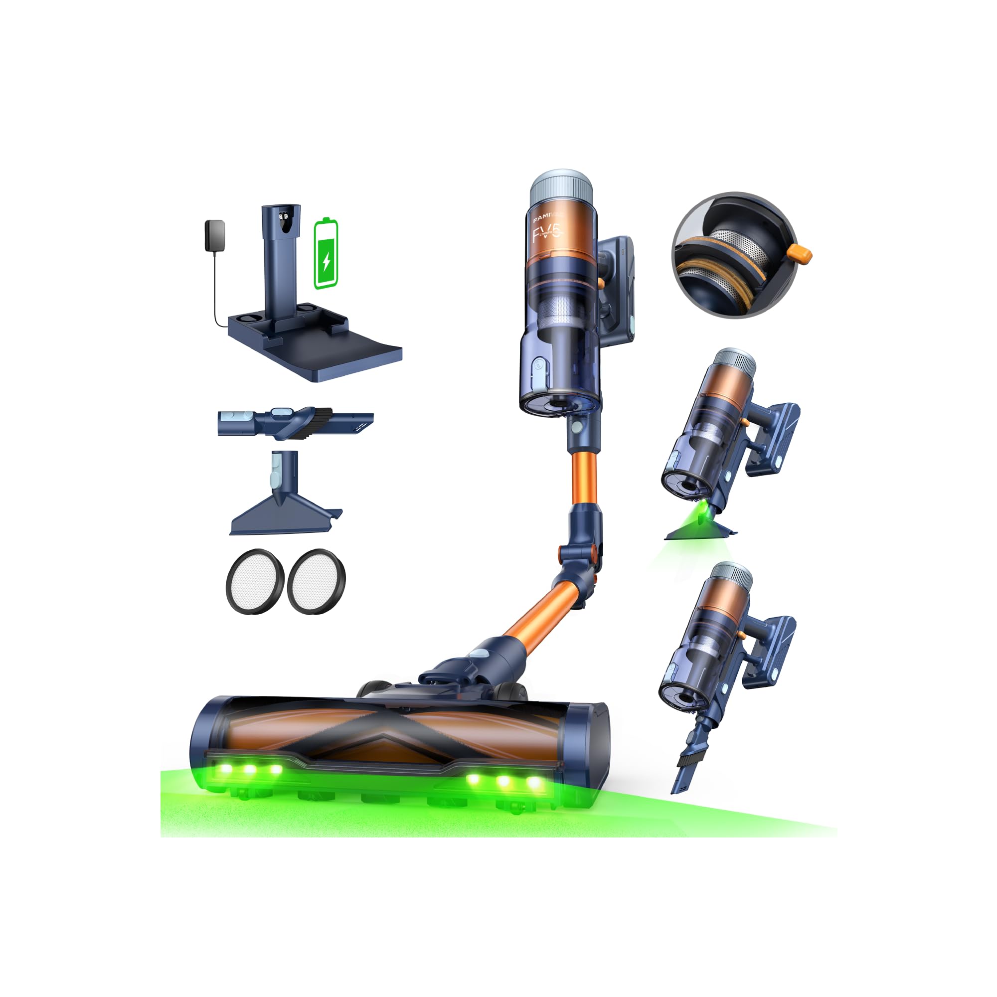 FAMIVAC FV5 Aspirapolvere Senza Fili 70 kPa, 80 Min, Peli di Animali | Scopa Elettrica Senza Fili con Display LED, Park&Power, Spazzola Antigroviglio, Luci LED verdi, Filtro autopulente