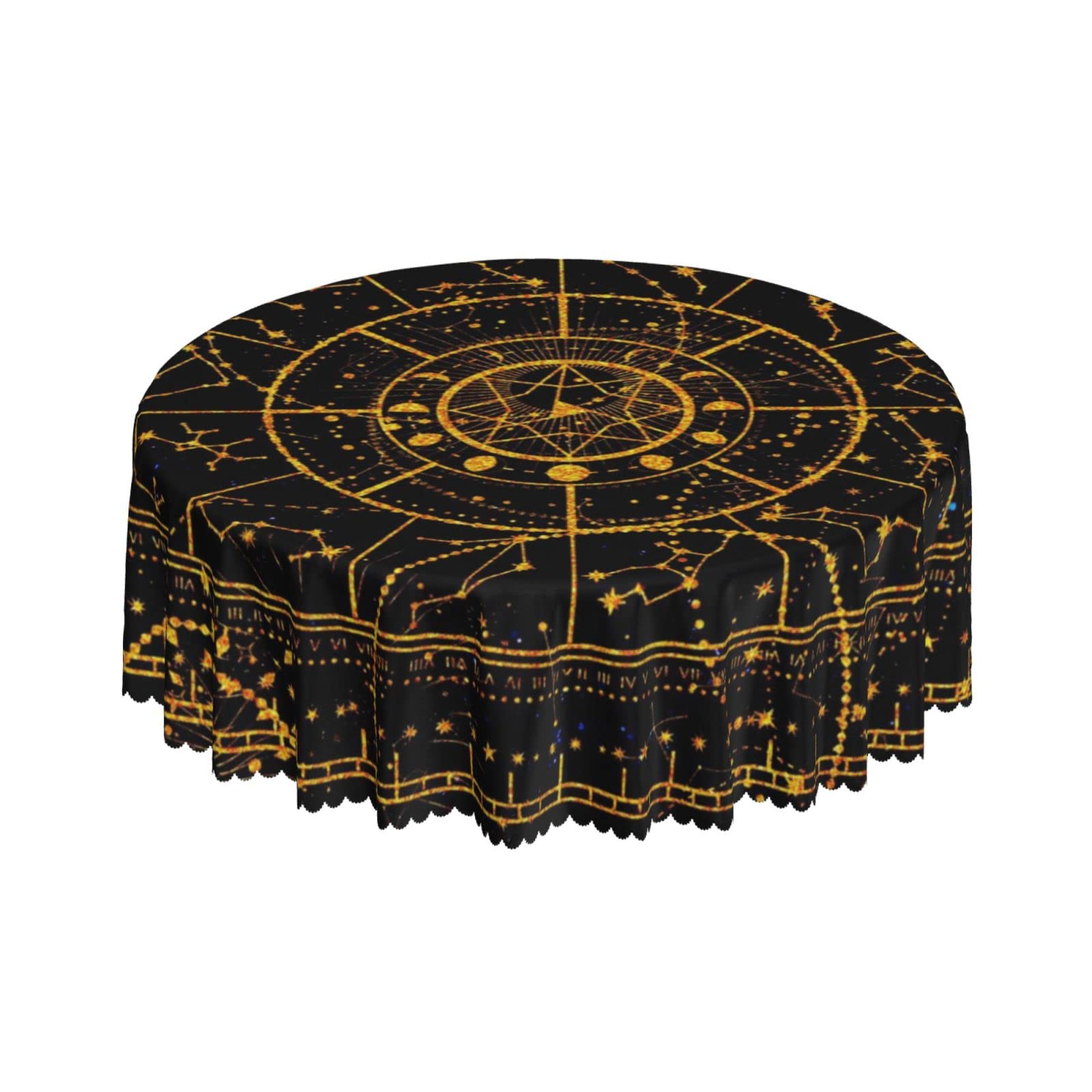 Lsjuee Abstract Zodiac Galaxy Golden Round Tablecloth 60 Inch Printed Washable Tablecloth for Dining Party Holiday Fall Home Decorative