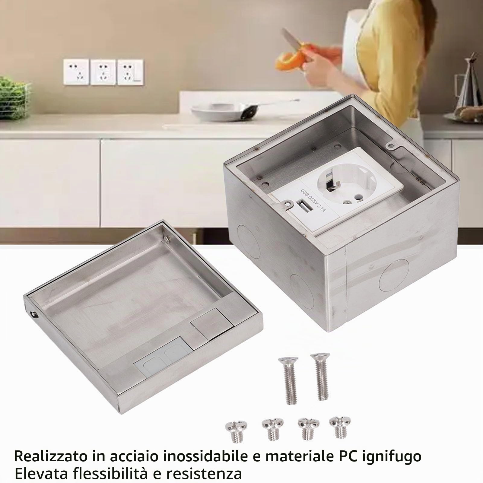 Presa a Scomparsa da Incasso con Porta USB, 250V 16A 4000W, Acciaio Inossidabile, IP40 Ignifugo, Multi-porte per Pavimento