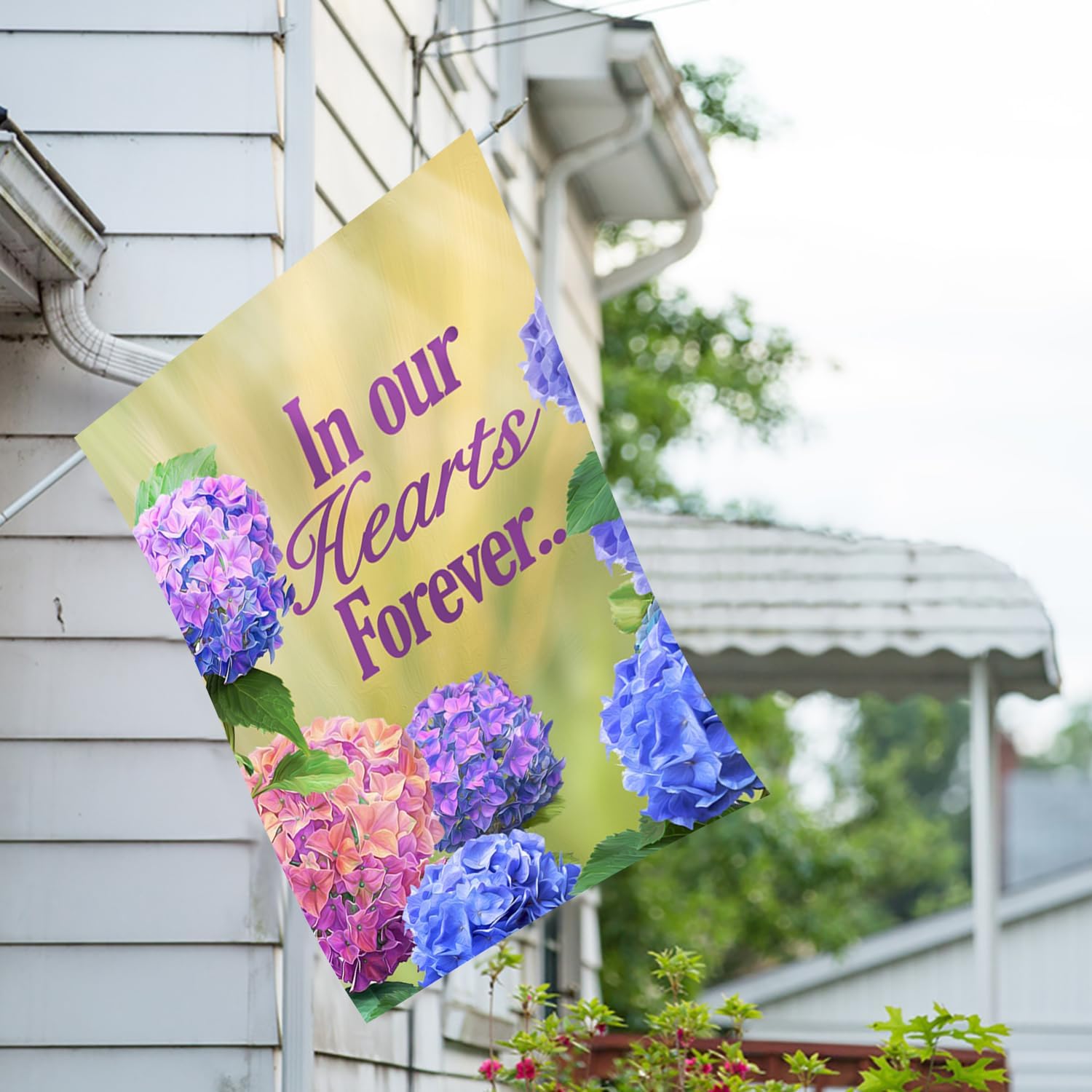 America Forever House Flag - In Our Hearts Forever, Cemetery Memorial Religious Bereavement Double Sided 28" x 40" Decor, Seasonal Yard Outdoor Decorative
