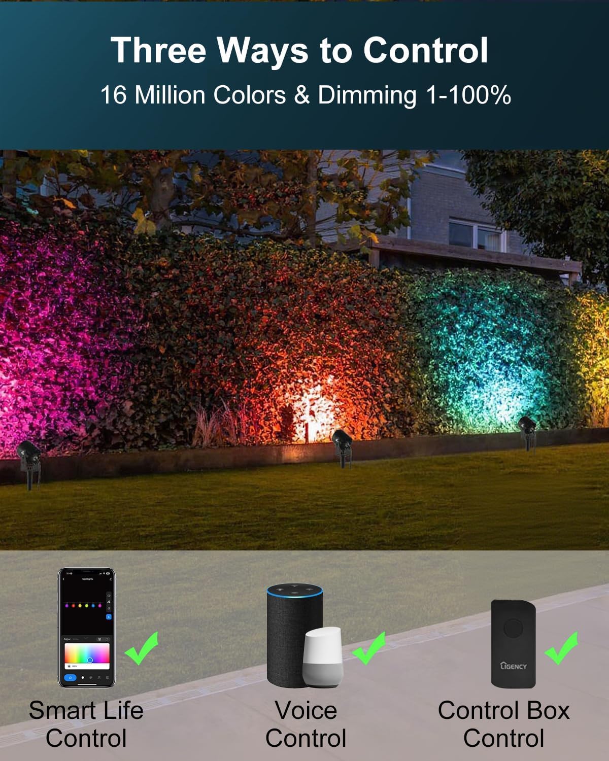 Ligency Spotlight Outdoor Smart Low Voltage Landscape Lights, 2 Pack Outdoor Spot Lights IP65 Waterproof RGBW Color Changing Spotlights for Yard Garden, 28.8Ft