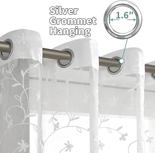 Miniatura 2 de BGment Cortinas semitraslúcidas bordadas florales, juego de 2 paneles de lino sintético con ojales, cortinas de ventana para sala de estar y