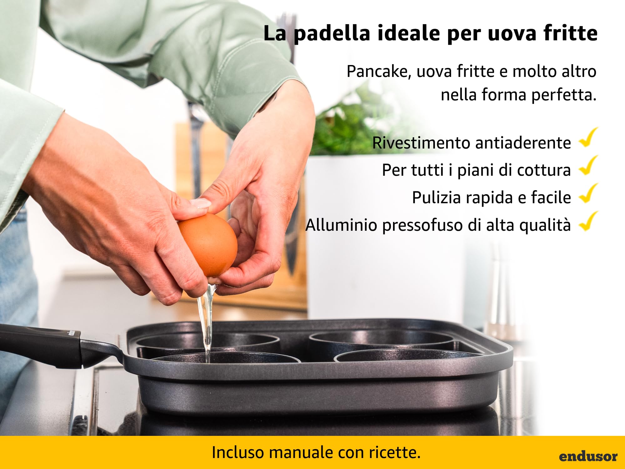 endusor Padella pancake e uova fritte - 27 cm padella per pancake antiaderente con coperchio | Per Fornelli a Induzione Gas Ceramica Elettrici Alogeni| Piastra a 4 stampi per Pancakes Uova Fritte