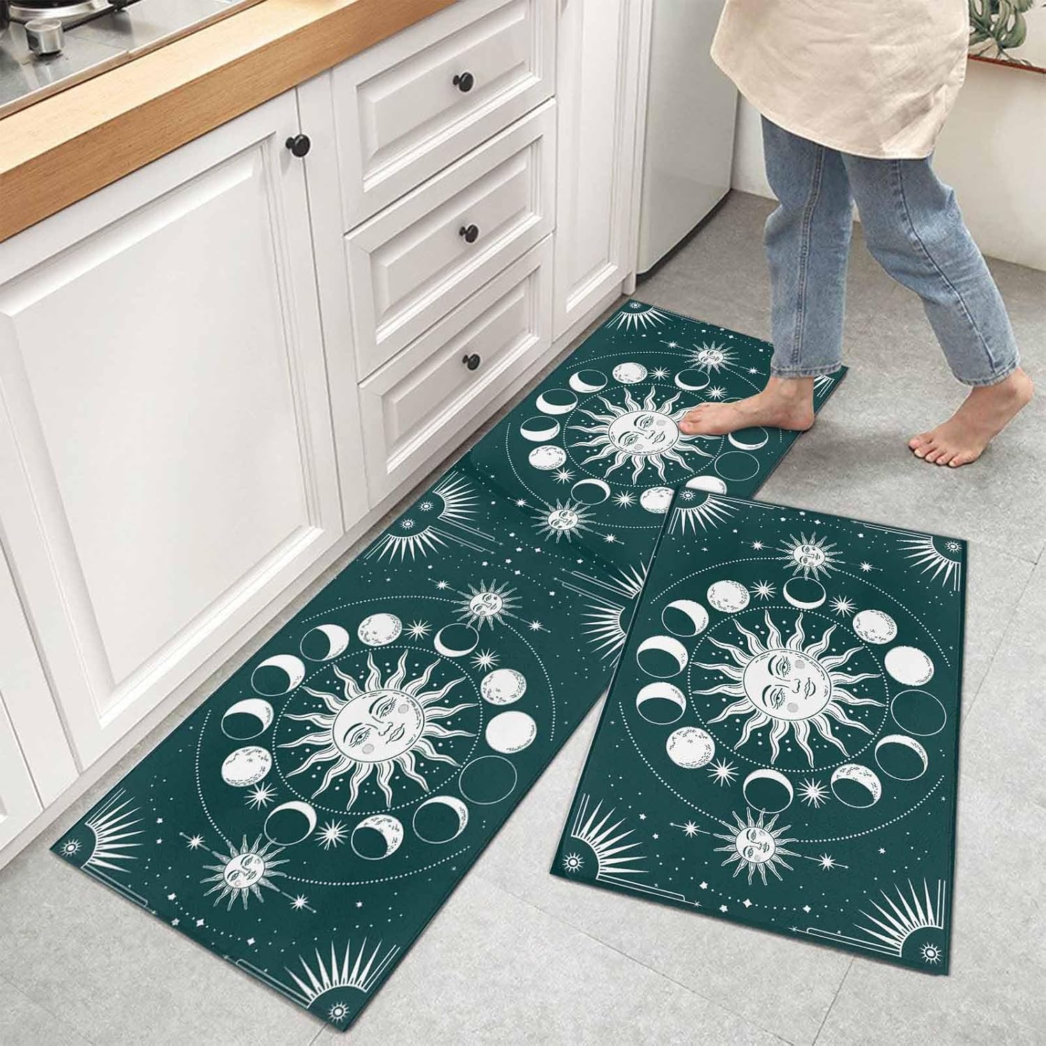 Kitchen Mats for Floor Sun Moon on Green Background Washable Non Slip Kitchen Rugs 2PCS, Starry Sky Scenery Absorbent Standing Mats for Sink Bathroom Office Living Room 15.7x23.6in+15.7x47.2in
