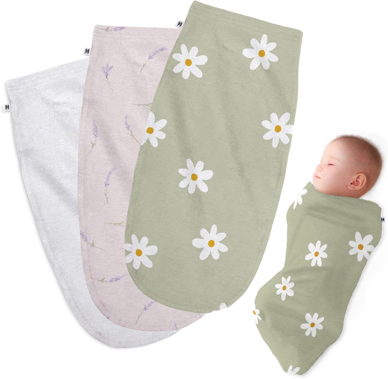 Henry Hunter Baby Swaddle Sack | The Simple Swaddle | Soft Stretchy Cotton Swaddles for Newborns | Baby Swaddles 0-3 Months, Swaddle Blankets Baby Girl, Pack of 3, Daisy | Lavender | White Heather