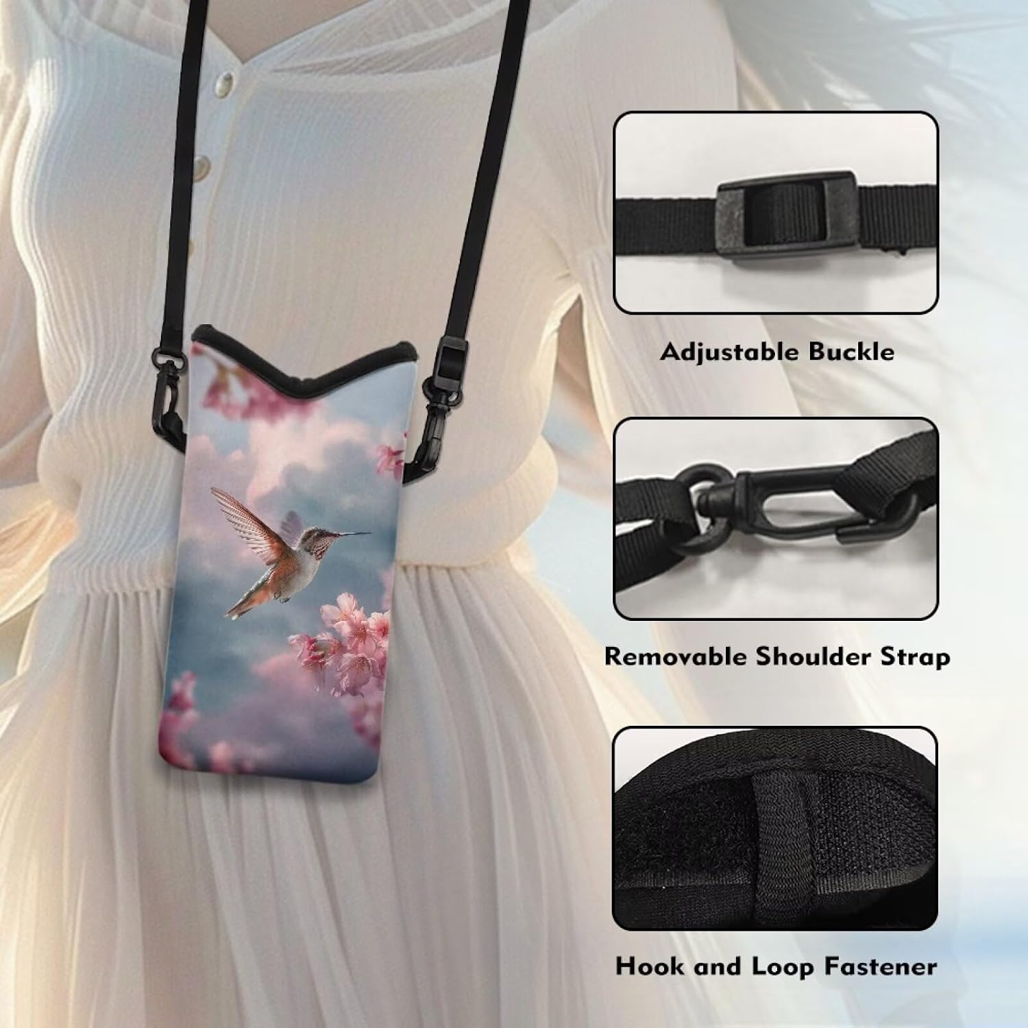 Suobstales Hummingbird Cherry Blossom Print Neoprene Phone Sleeve for Women Men, Lightweight Cell Phone Pouch Case Bag with Crossbody Strap/Neck Lanyard for iPhone Samsung, 8 X 4 inch image 5