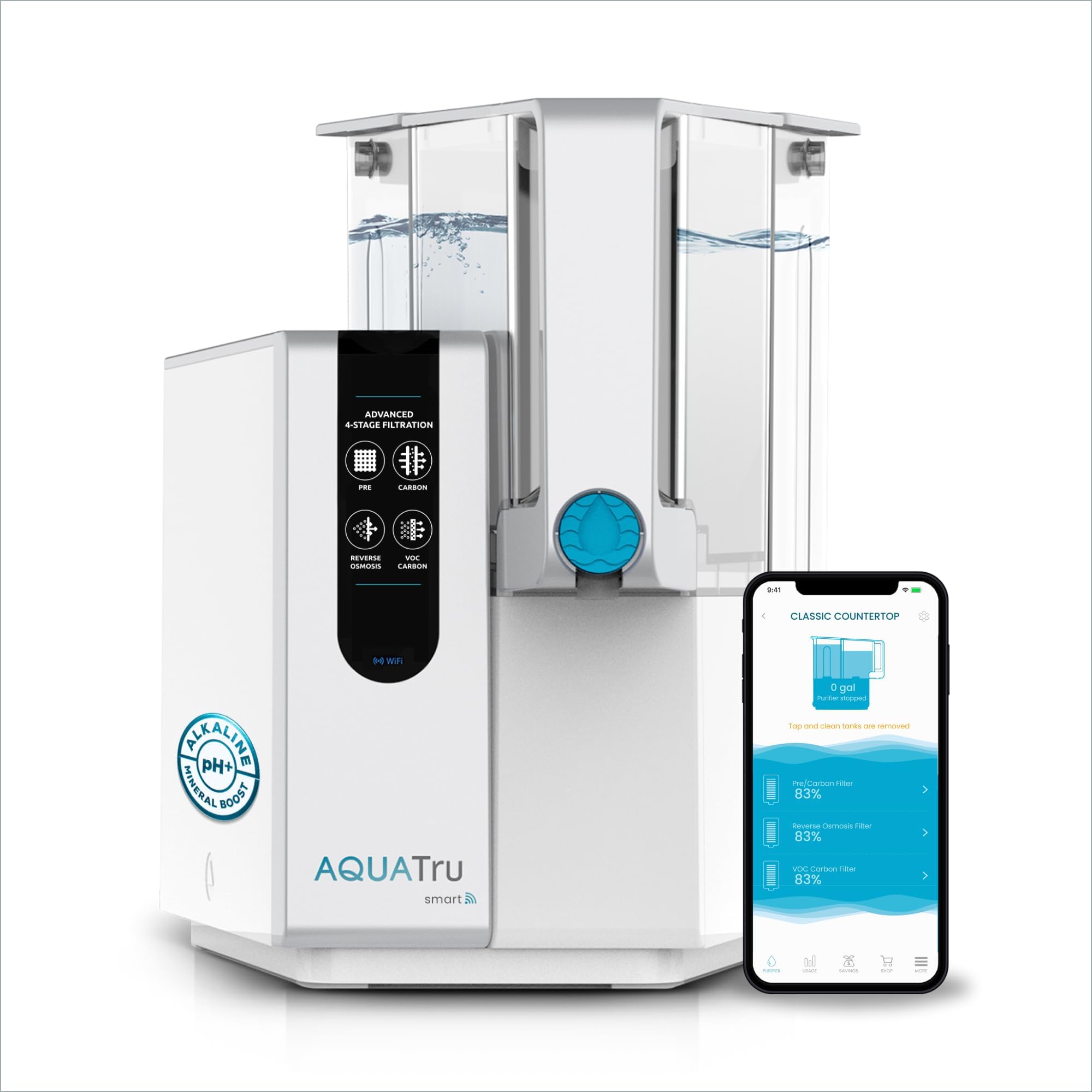 AquaTru Classic Smart Countertop Water Purifier | 4-Stage Reverse Osmosis Filtration System | Certified to Reduce 84 Contaminants like Lead, Chromium 6, Forever Chemicals | No Plumbing | Adds Minerals