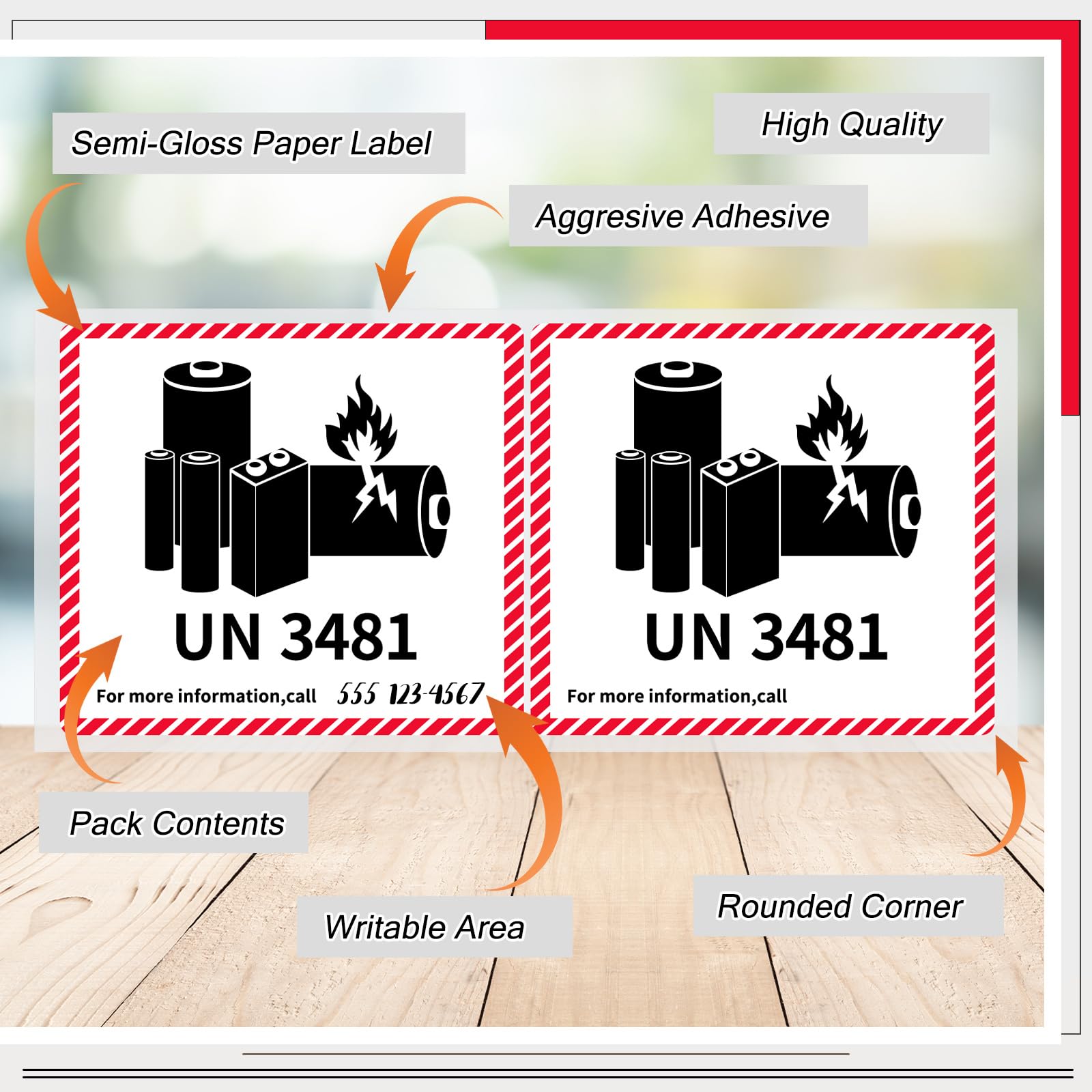 Dunzoom Un3481 Lot de 800 étiquettes d'avertissement pour batterie lithium-ion 11,9 x 10,9 cm Autocollants fragiles pour l'expédition de batteries au lithium adhésif puissant