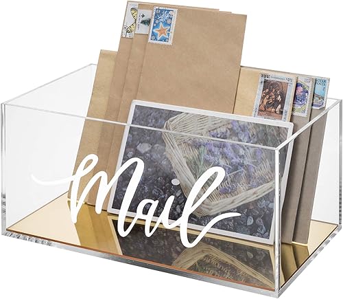 MyGift Caja organizadora de correo de acrílico transparente con diseño de escritura de letra y base de espejo dorada