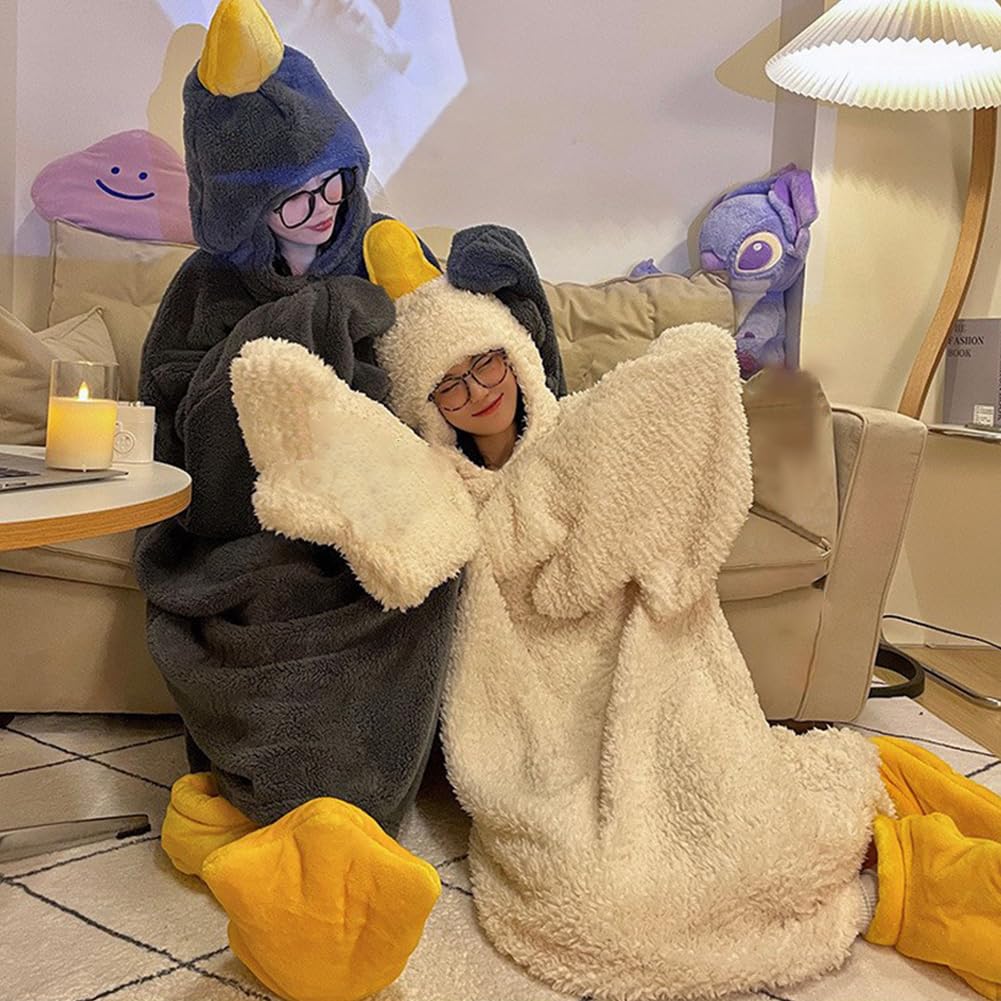 Grande oie blanche - Couverture portable - Sweat à capuche pour couples - Combinaison à capuche en polaire corail épaisse - Sac de couchage géant - Costume de cosplay - Robe de nuit chaude
