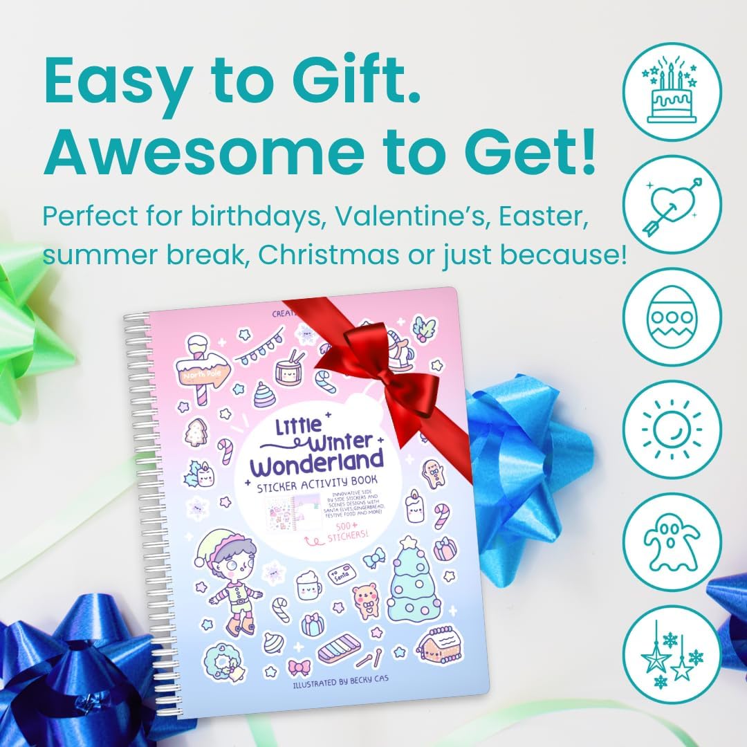 Winter Wonderland 500+ Kids Sticker Book by Cupkin Fun Toddler Travel Activity Coloring and Sticker Book, 12 Coloring Pages 12 Side by Side Scenes for Children's of 2-8 Years, Easter Gift for Kids - Image 7