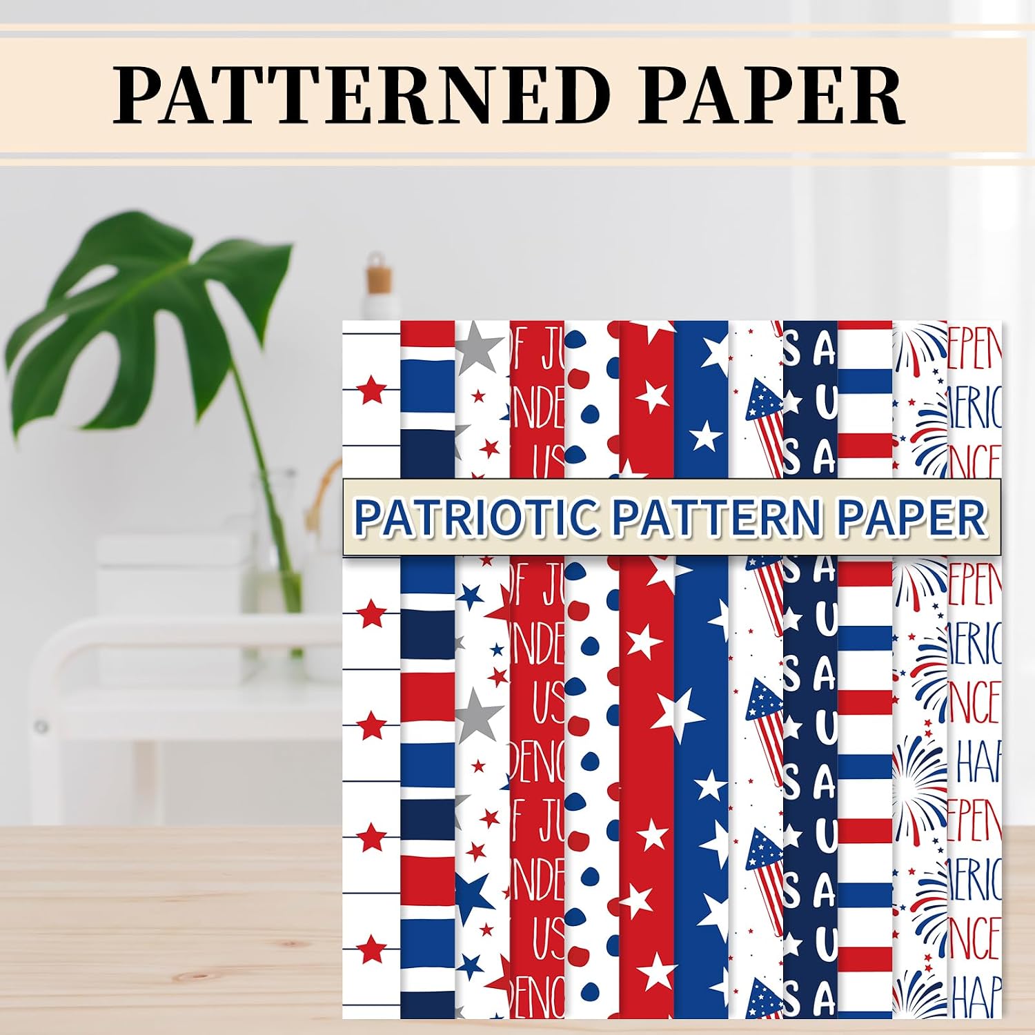 Whaline 60 Sheets Patriotic Pattern Paper Star Stripe Firework Scrapbook Specialty Paper Double Sided for Independence Day 4th of July DIY Crafts Card Making Photo Album Decor, 5.5 x 8.3 Inch