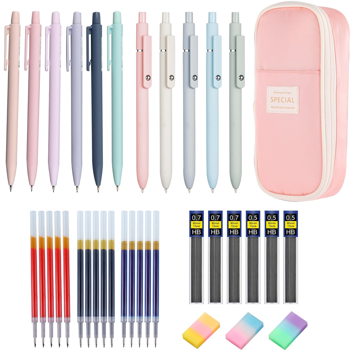 36 Pièces Fourniture Scolaire avec Trousse, 5 Stylos Bille Rétractable, 6 Porte Mine, 3 Gomme pour Fourniture Scolaire Aesthetic, Ecrire, Dessiner