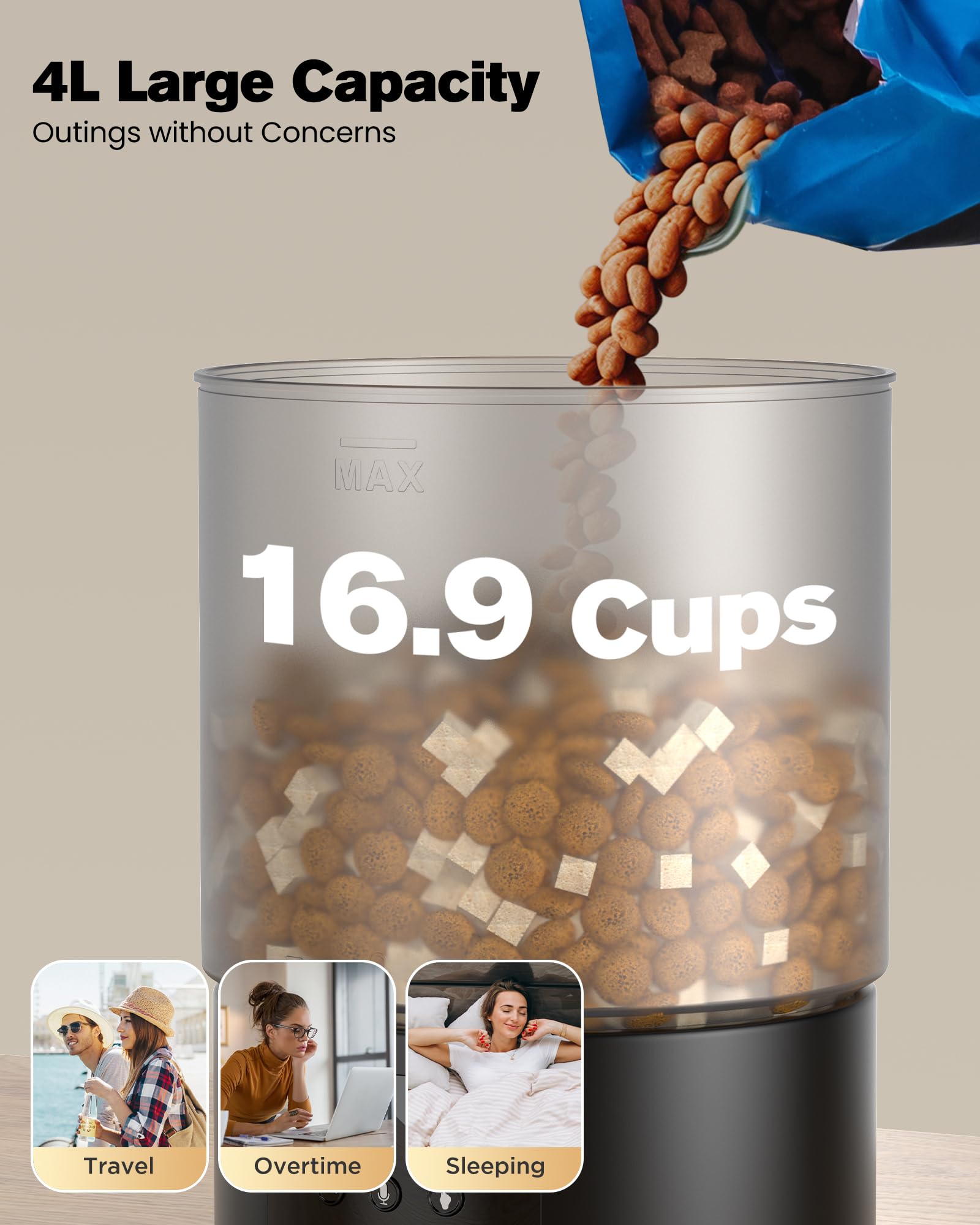 Distributore Automatico Cibo Gatti Cani WiFi: Dosatore Crocchette per Animali Domestici con 10S Registrazione - Mangiatoia Automatica per Cibo Distributore Crocchette Gatto Timer Nero 4L