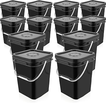 12 Pcs 5 Gallon Paint Bucket with Lid,Thickened Square Plastic Bucket Food Storage Container Industrial Buckets with DIY Label Sticker Towel and Brush for Paint Storage Barrels Garage Garden