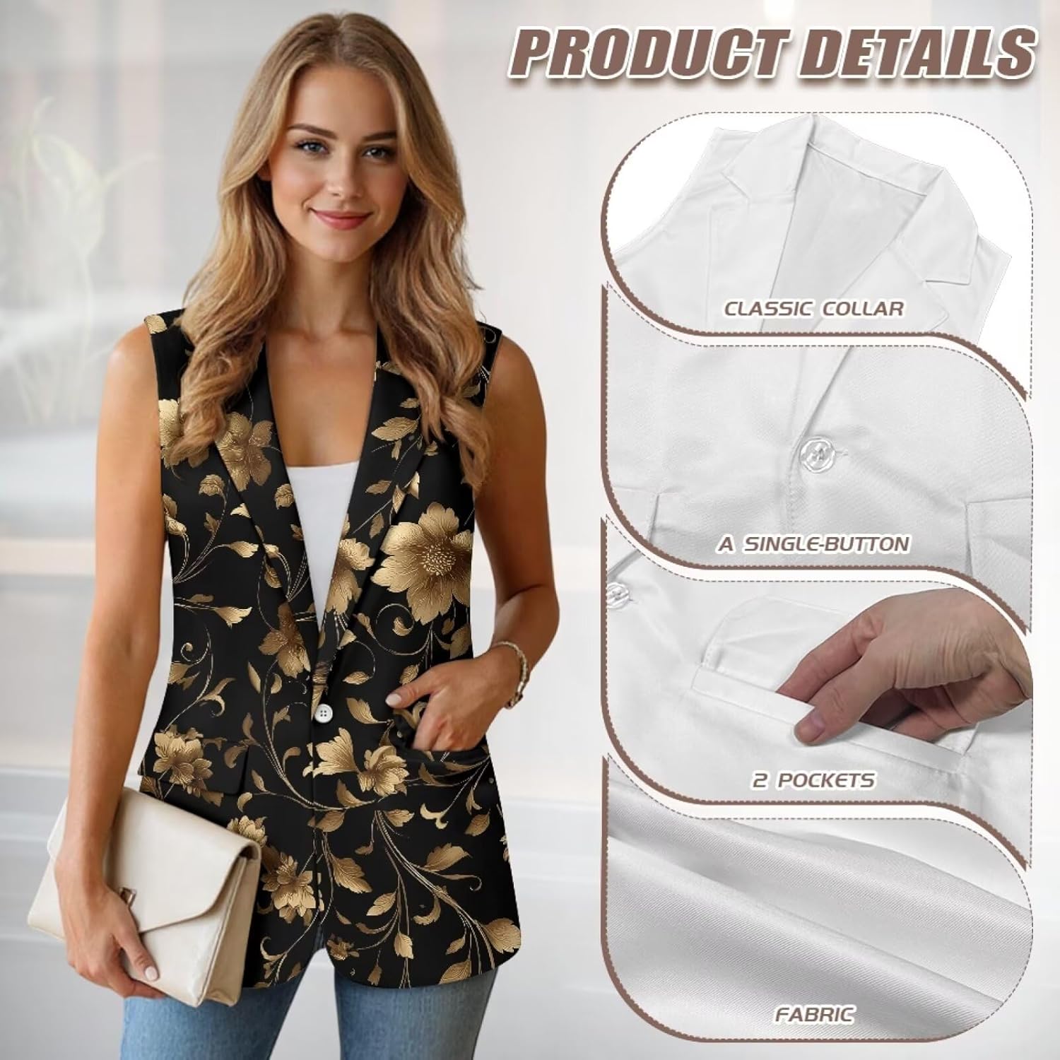 JoyLamoria Vest Tops for Women Trendy Sleeveless V-Neck Work Suit Waistcoat Vests with 2 Pockets