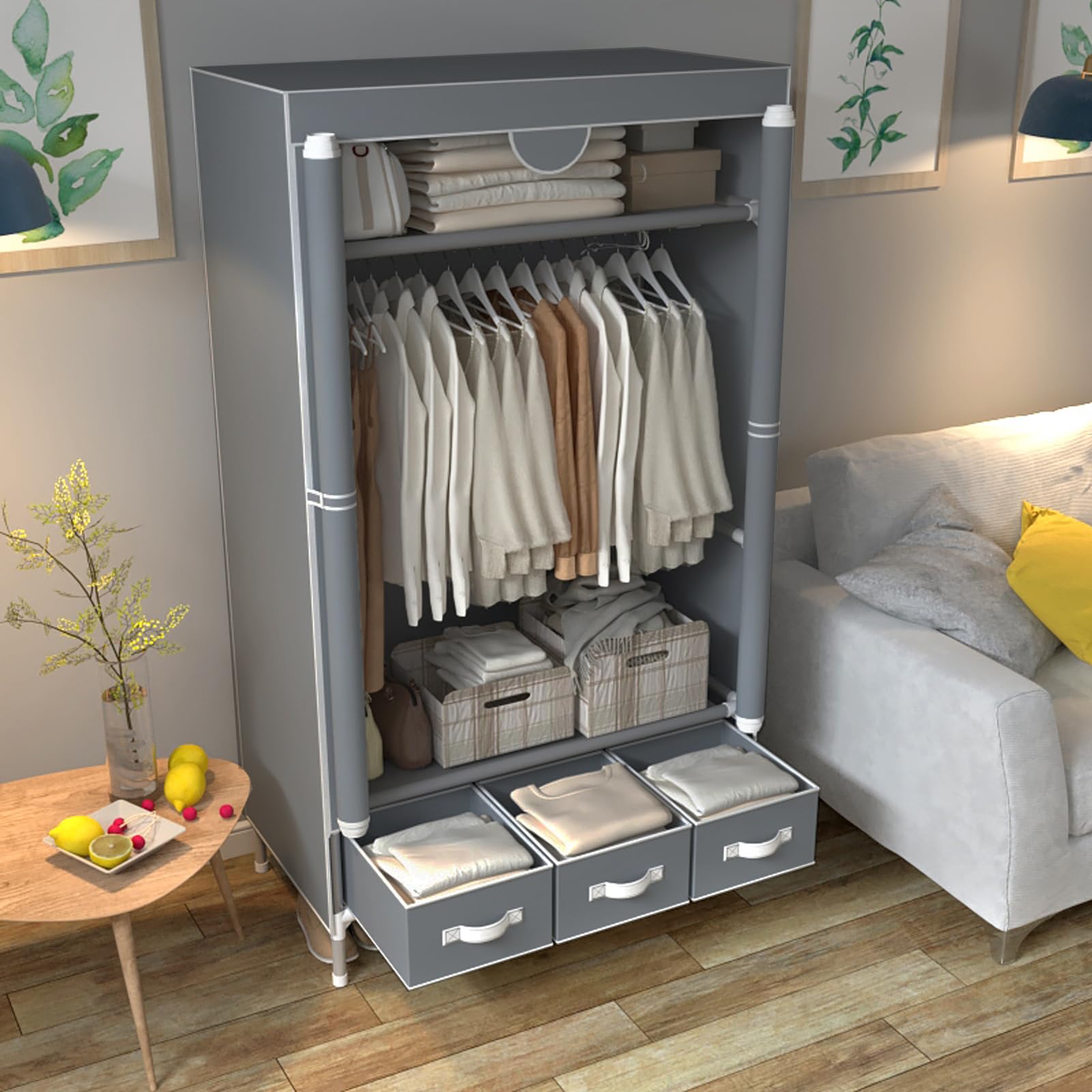 Armoire portable en toile avec 3 tiroirs Gris 90 x 45 x 170 cm