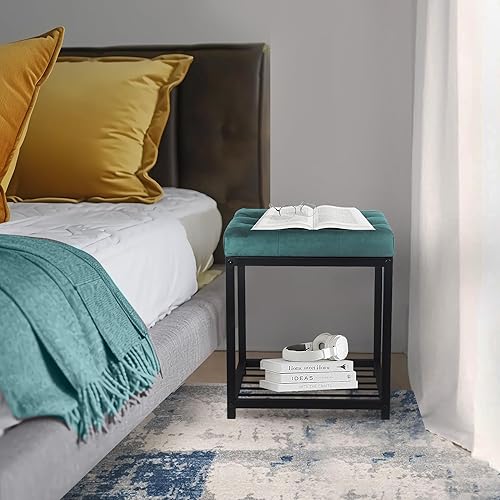 Miniatura 7 de Taburete de tocador copetudo de 18 pulgadas para niños y niñas, taburete de almacenamiento de maquillaje verde esmeralda, banco tapizado cuadrado,