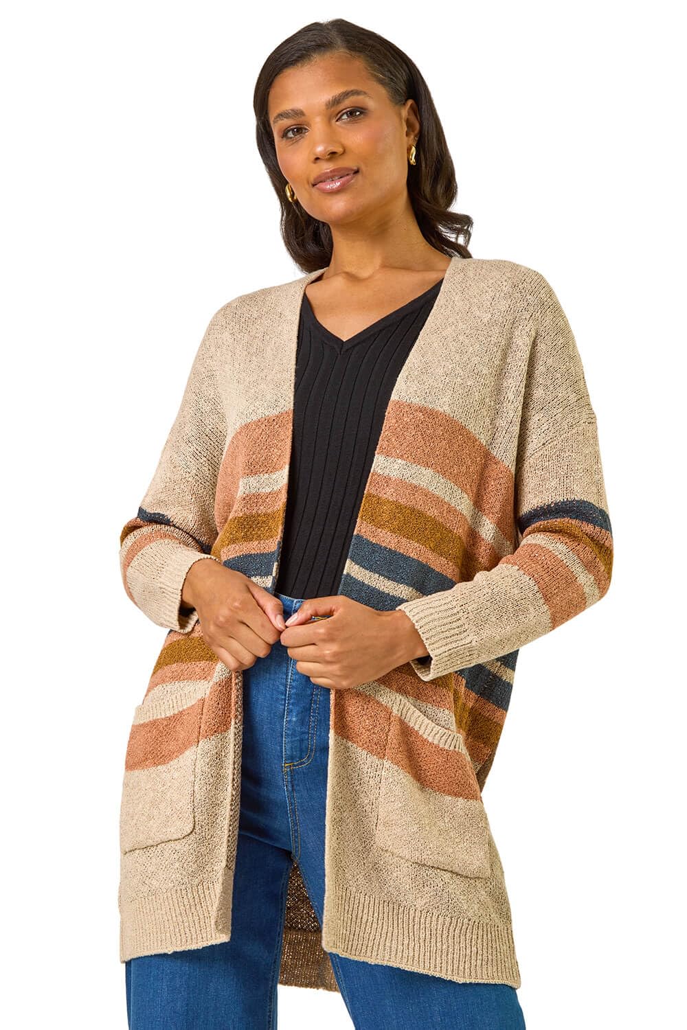 Roman Women's Camel Stripe Knit Longline Cardigan Size 16