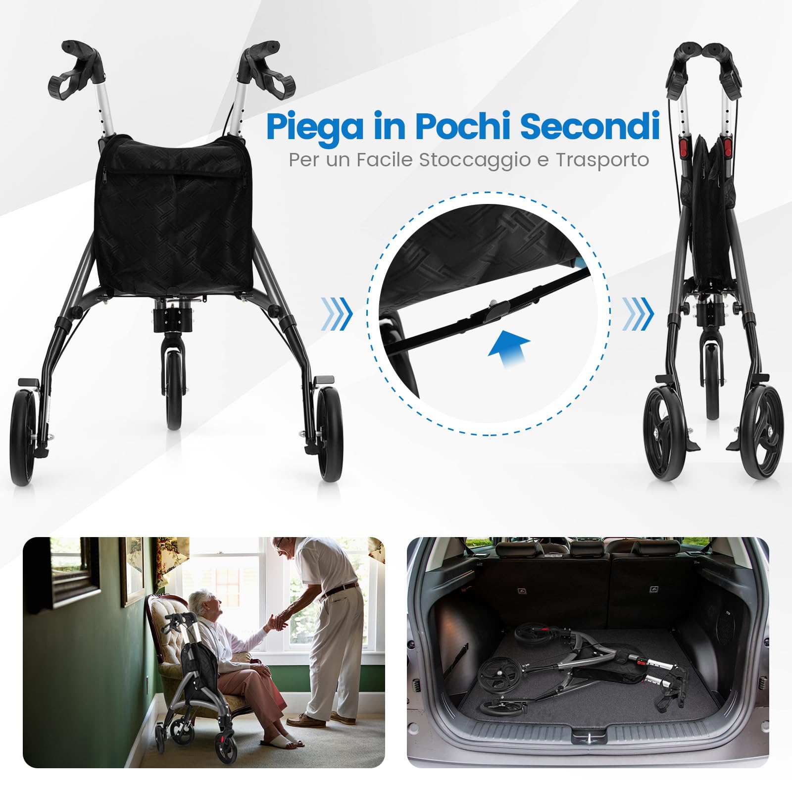COSTWAY Deambulatore per Anziani in Alluminio Ultraleggero a 3 Ruote, Rollator per Anziani Pieghevole e Regolabile in 6 Livelli 86-96 cm con Borsa e Ruote Bloccabili, Portata 136 kg (Grigio)