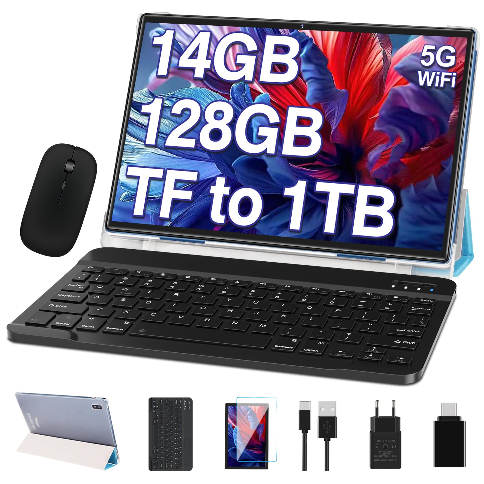 2026 Android 13 Tablette Tactile 10 Pouces 14Go RAM+128Go ROM (TF 2TB), FHD Tablettes avec 5G WiFi, 8 Cœurs, 2.0 GHz, Widget, 8000mAh, BT 5.0, 5+8MP, Tablette avec Clavier et Souris - Bleu